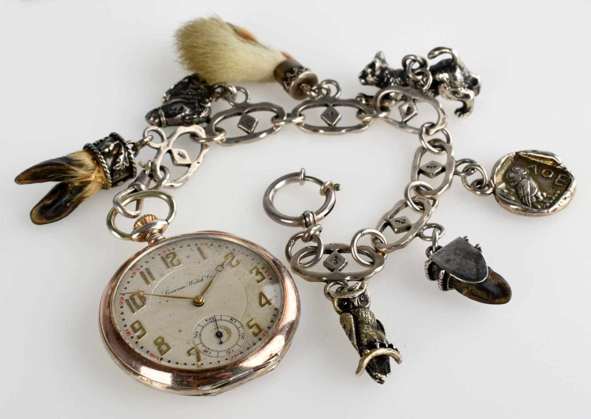 Taschenuhr mit Uhrenkette Silber 800, helles Zifferblatt bez. "Locarno Watch Co.", Stunde, Minute - Bild 2 aus 4