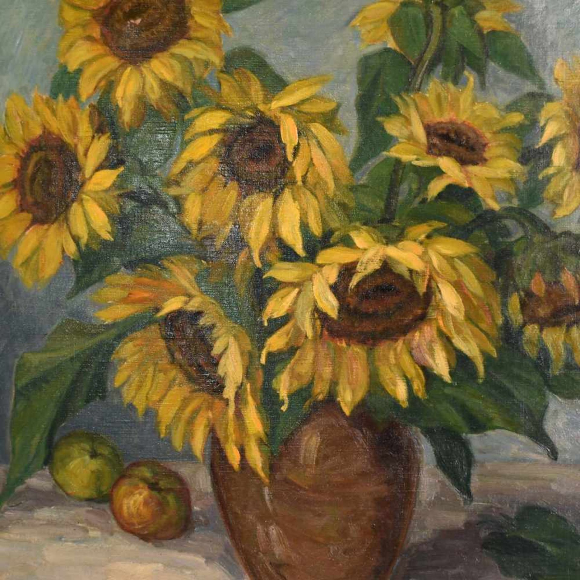Unsigniert Öl/Lwd., Stillleben mit Sonnenblumen, silberfarbene Rahmung, ca. 66 x 58 cm, mit Rahmen