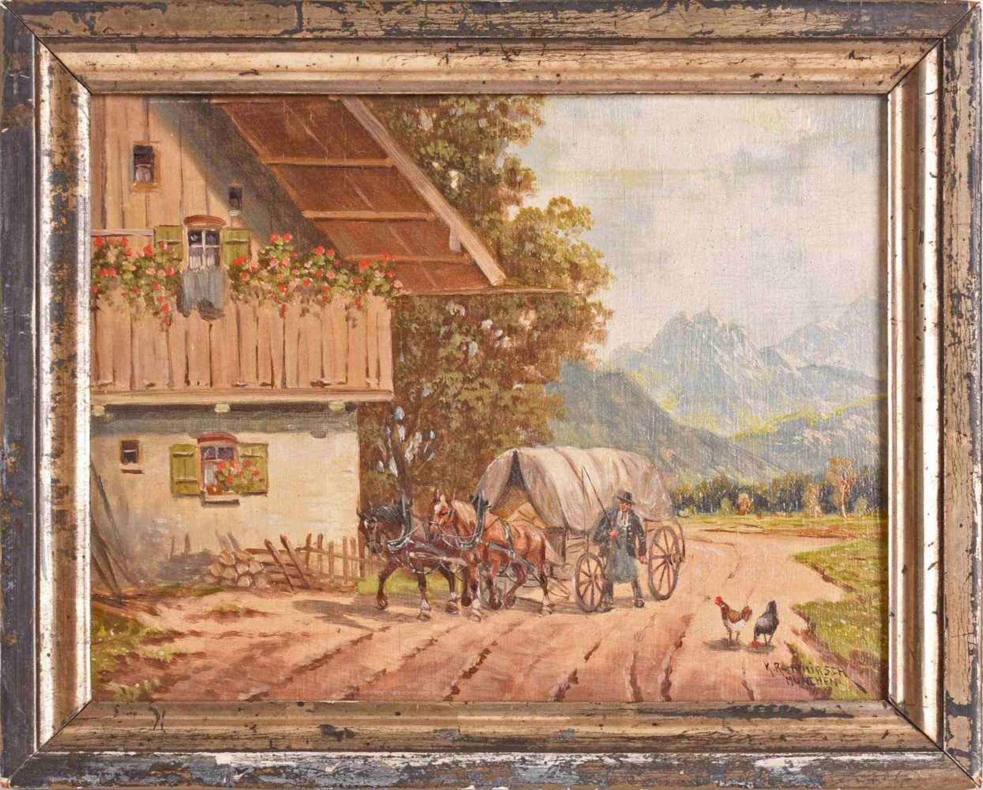 Rohrhirsch, Karl (1875 München - 1954 Greding) Öl/Holz, Pferdefuhrwerk vor Alpenkulisse, rechts - Bild 3 aus 4