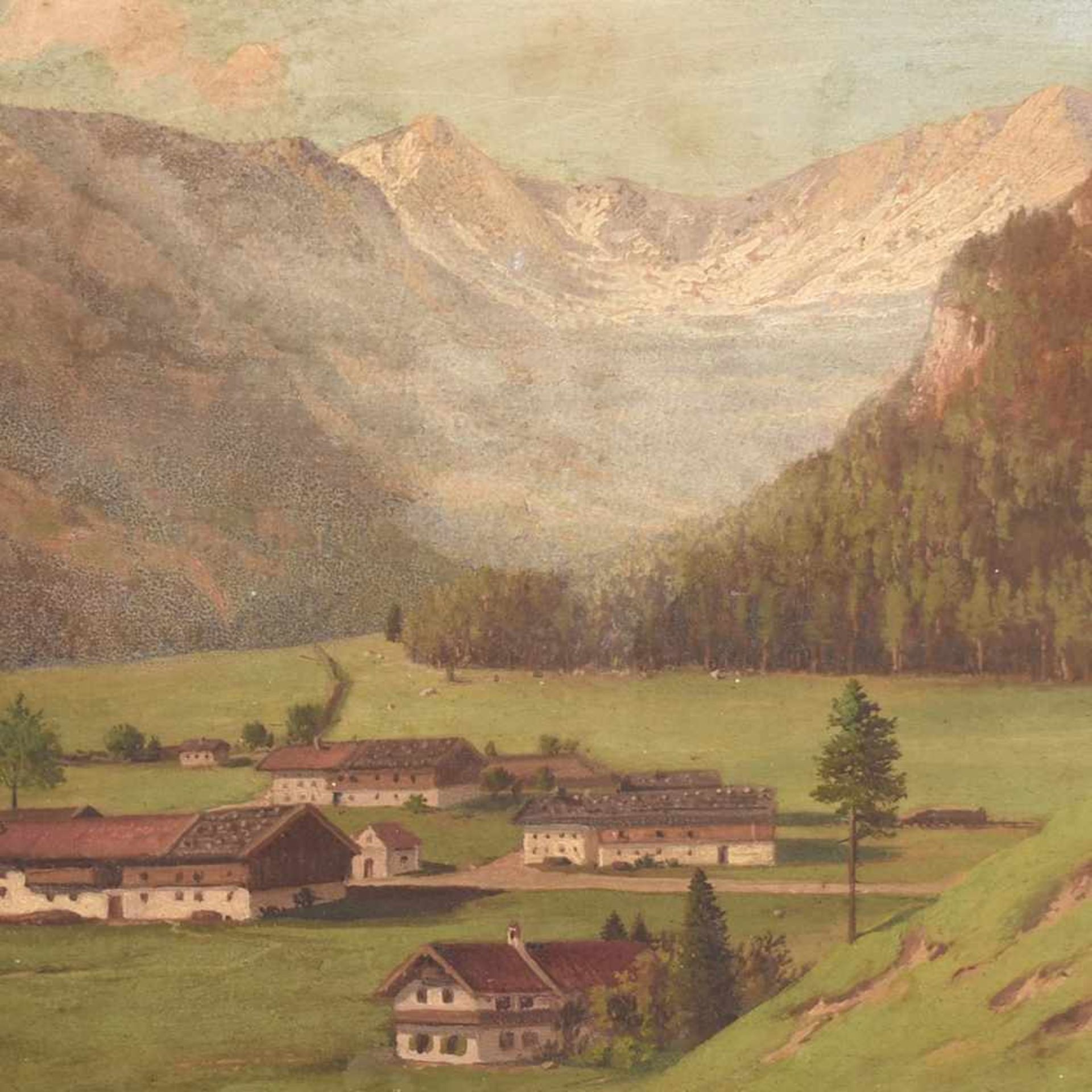 Eilers, Peter (1880 - 1940) Öl/Holz, Alpenlandschaft mit Blick über Bauernhäuser im Tal, rechts