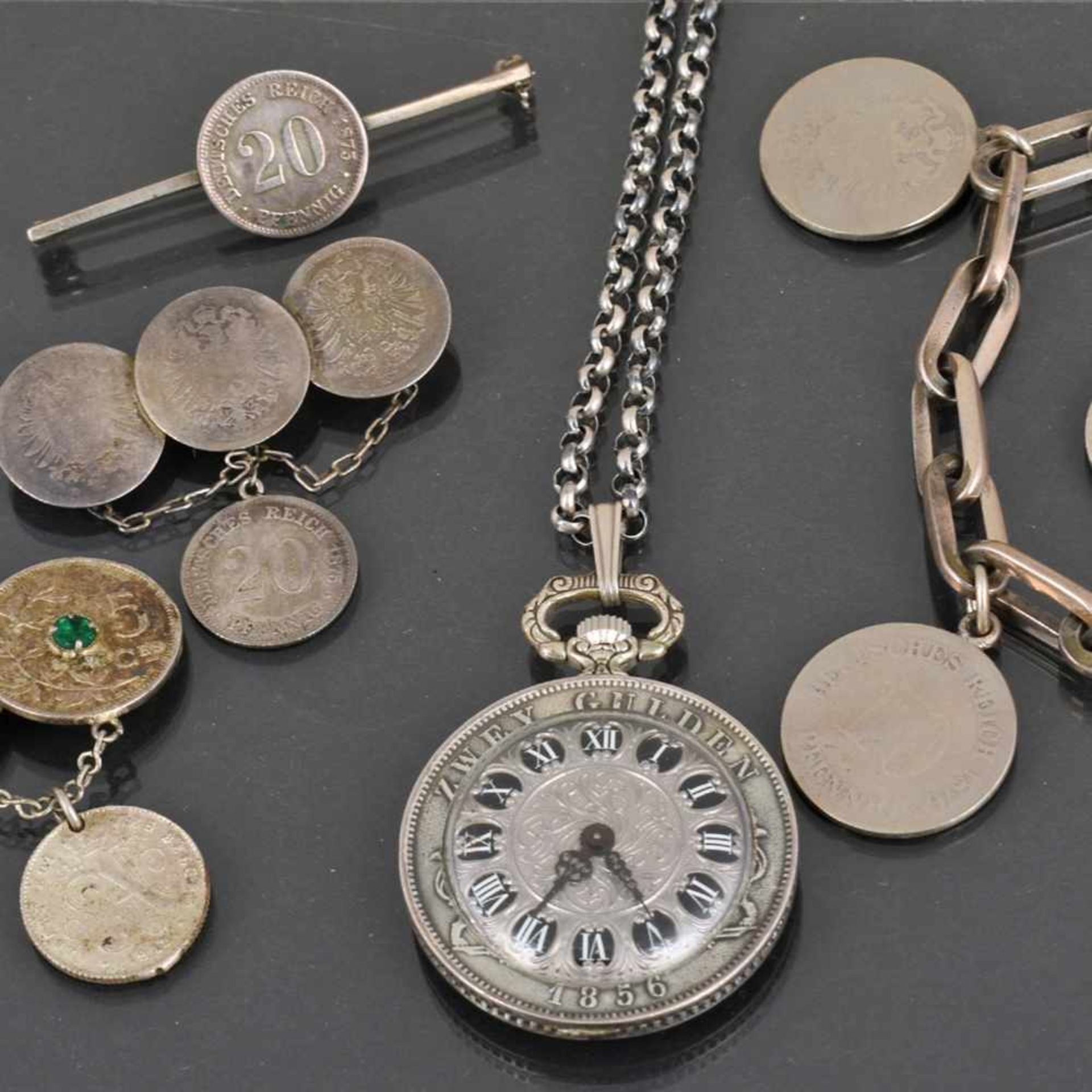 Konvolut Münzschmuck gefertigt aus Münzen Kaiserzeit bzw. 19. Jh., dabei: 1 x Taschenuhr, modern