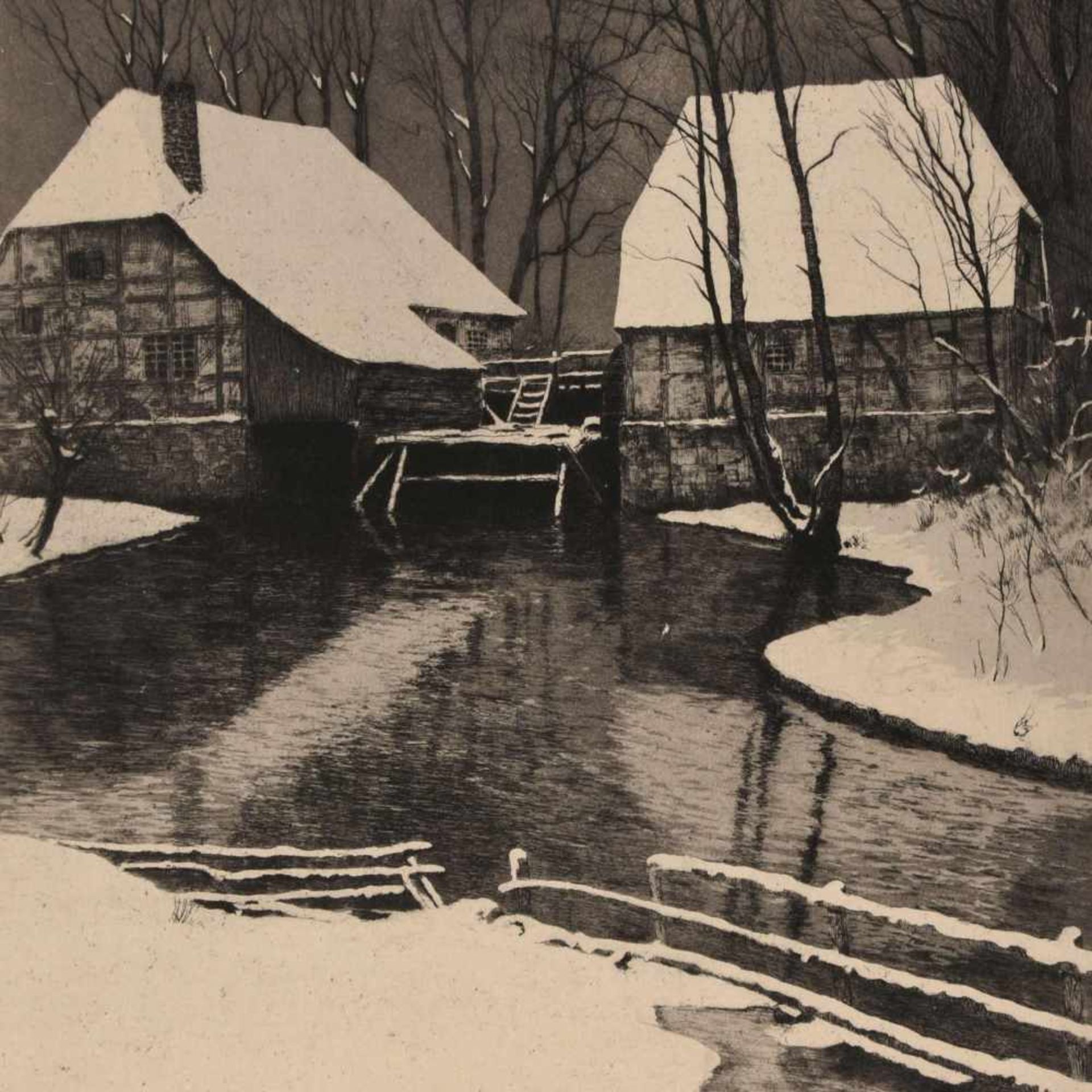 Hecker, Franz (1870 Bersenbrück - 1944 Osnabrück) Radierung, "Mühle im Winter" (um 1908), rechts