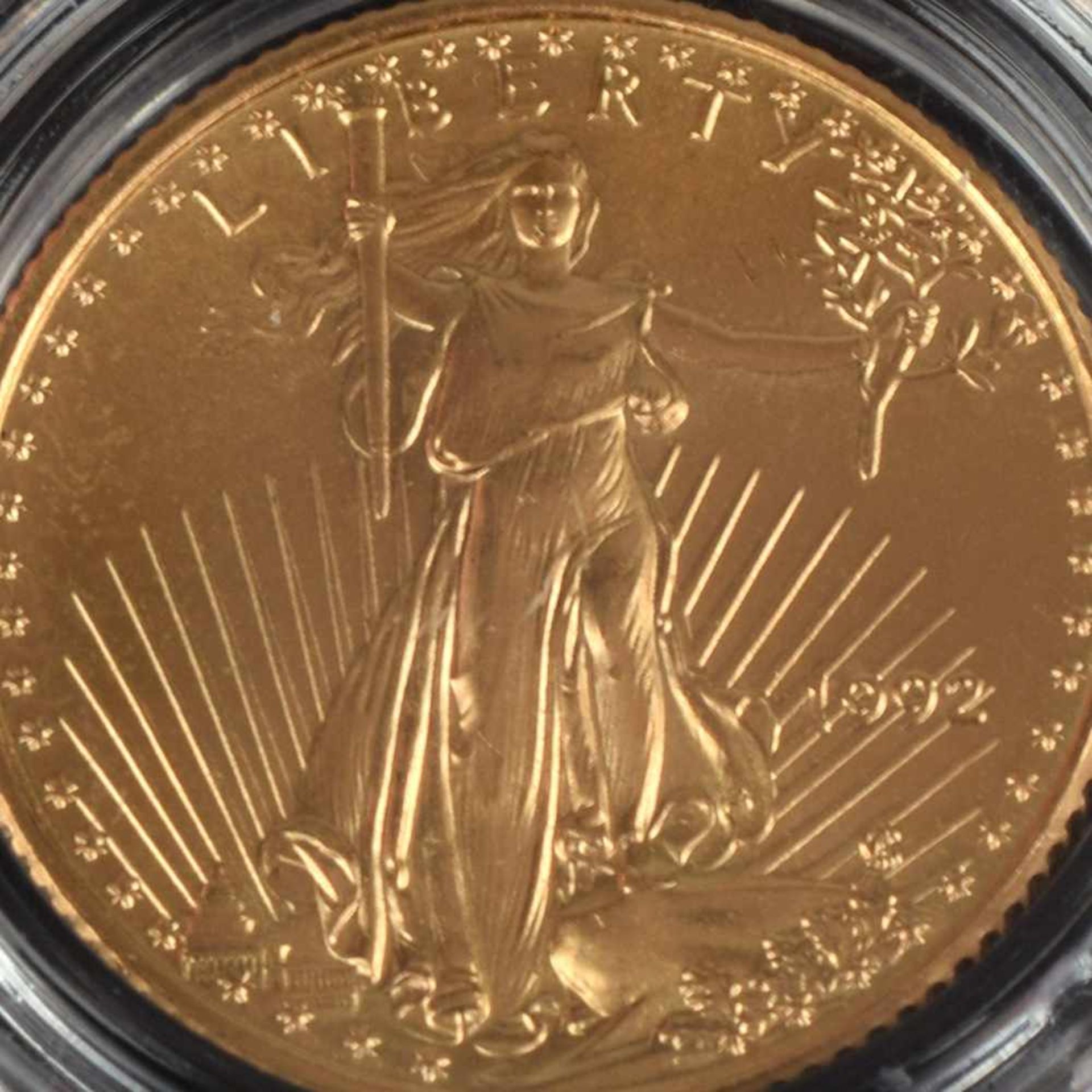 Goldmünze Amerika 5 Dollars in Gold, 916,66/1000, 3,393 g, av. schreitende Liberty, rv. "American