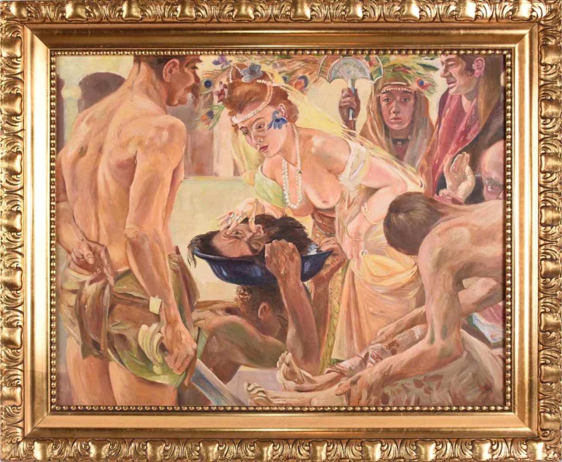 Unsigniert Öl/Hartfaser, Salome und der ihr dargebrachte Kopf Johannes des Täufers, Goldrahmung, - Image 3 of 3