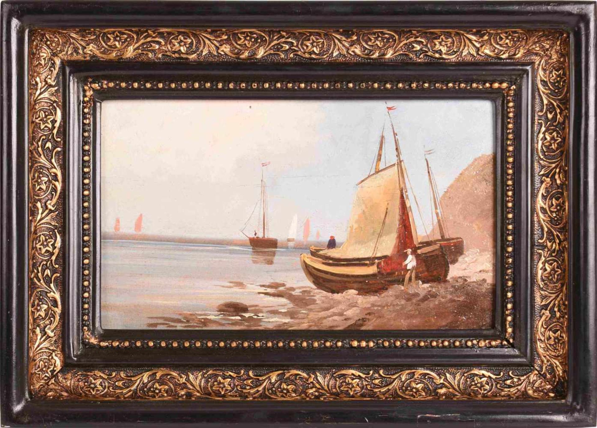 Unsigniert Öl/Holz, Küste mit Segelschiffen, unsigniert, ca. 16 x 26 cm, mit Rahmen ca. 26 x 36 - Bild 3 aus 3
