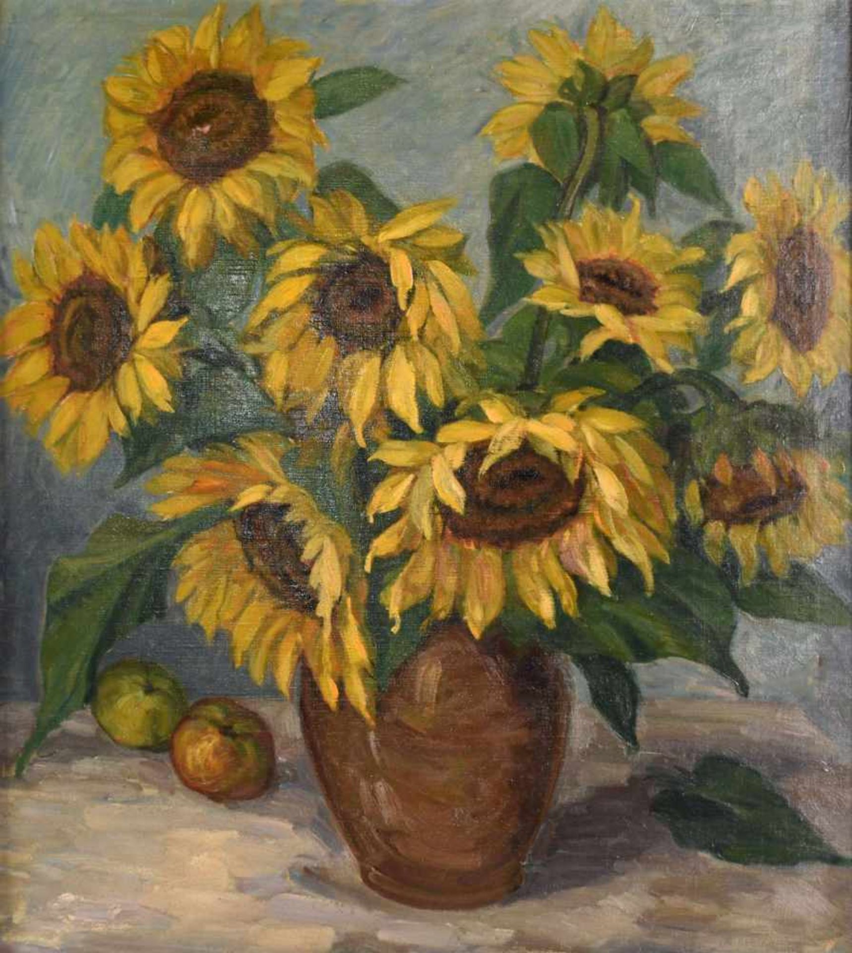 Unsigniert Öl/Lwd., Stillleben mit Sonnenblumen, silberfarbene Rahmung, ca. 66 x 58 cm, mit Rahmen - Bild 2 aus 3