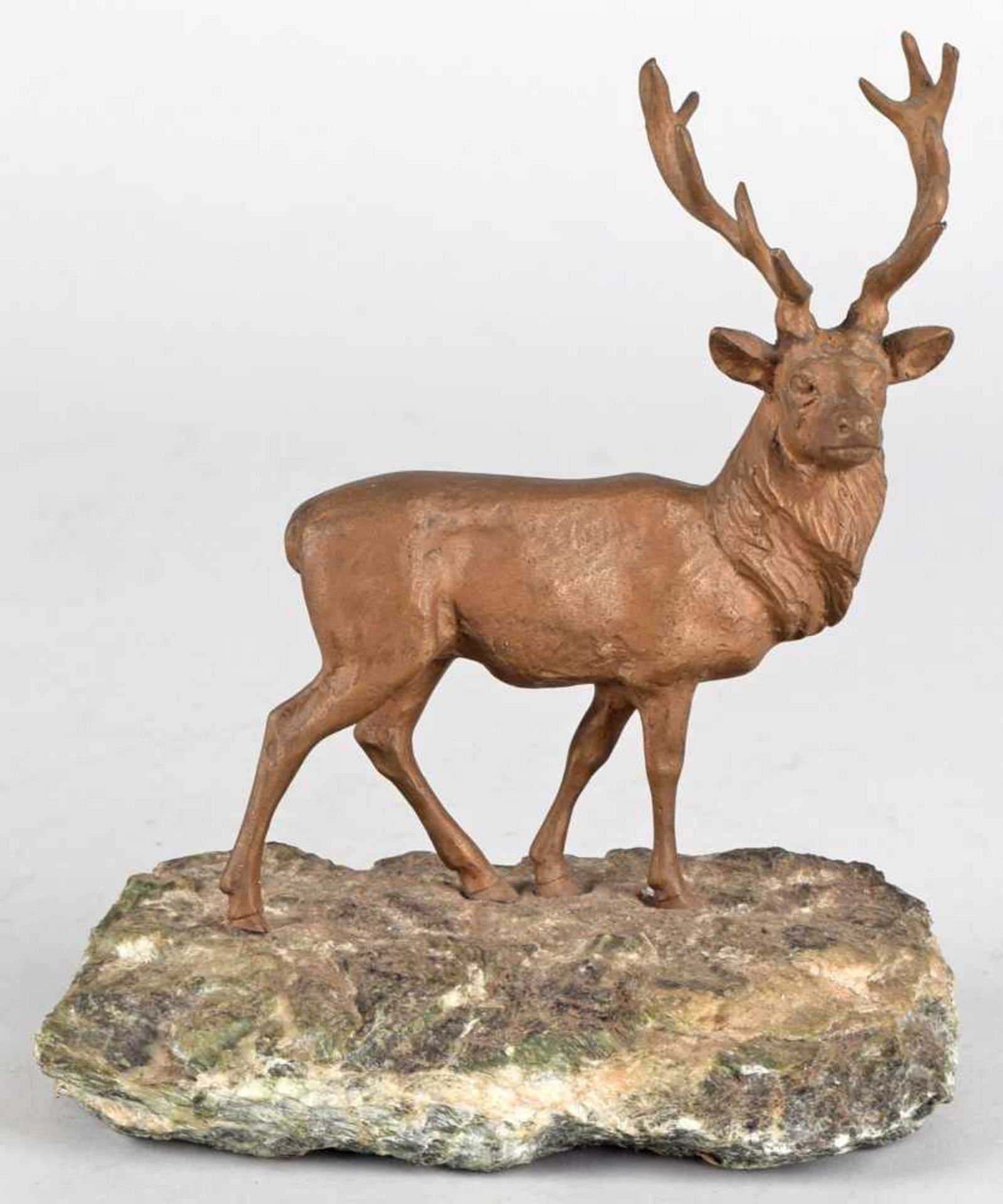 Stattlicher Hirsch Bronze, in mattem Braun patiniert, Standfigur eines Hirsches mit prächtigem - Bild 2 aus 3