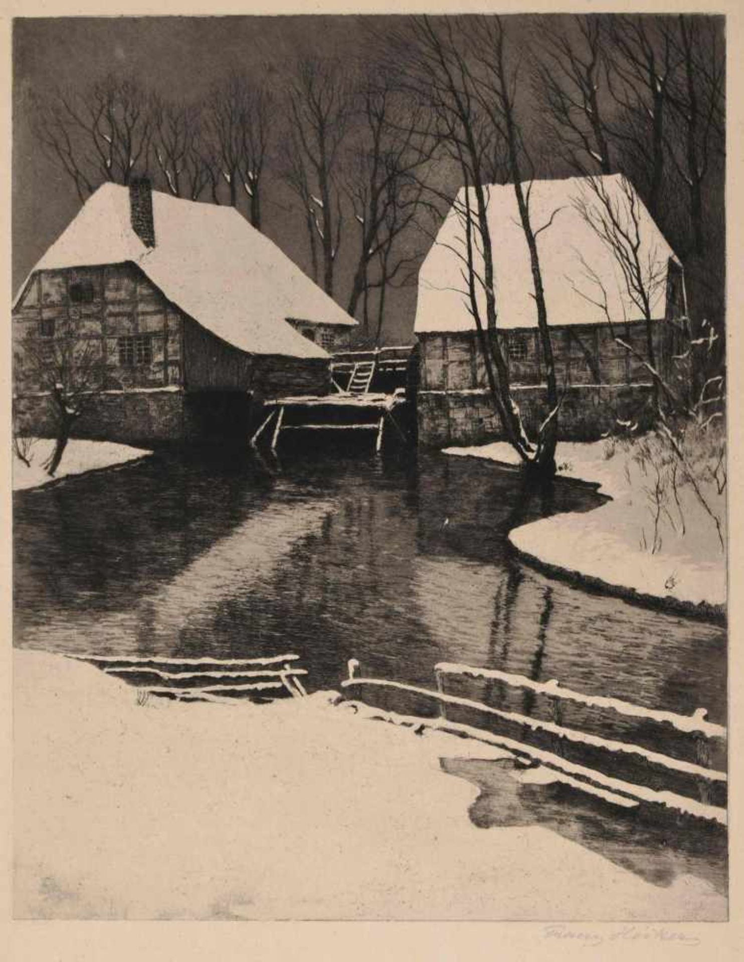 Hecker, Franz (1870 Bersenbrück - 1944 Osnabrück) Radierung, "Mühle im Winter" (um 1908), rechts - Bild 2 aus 3