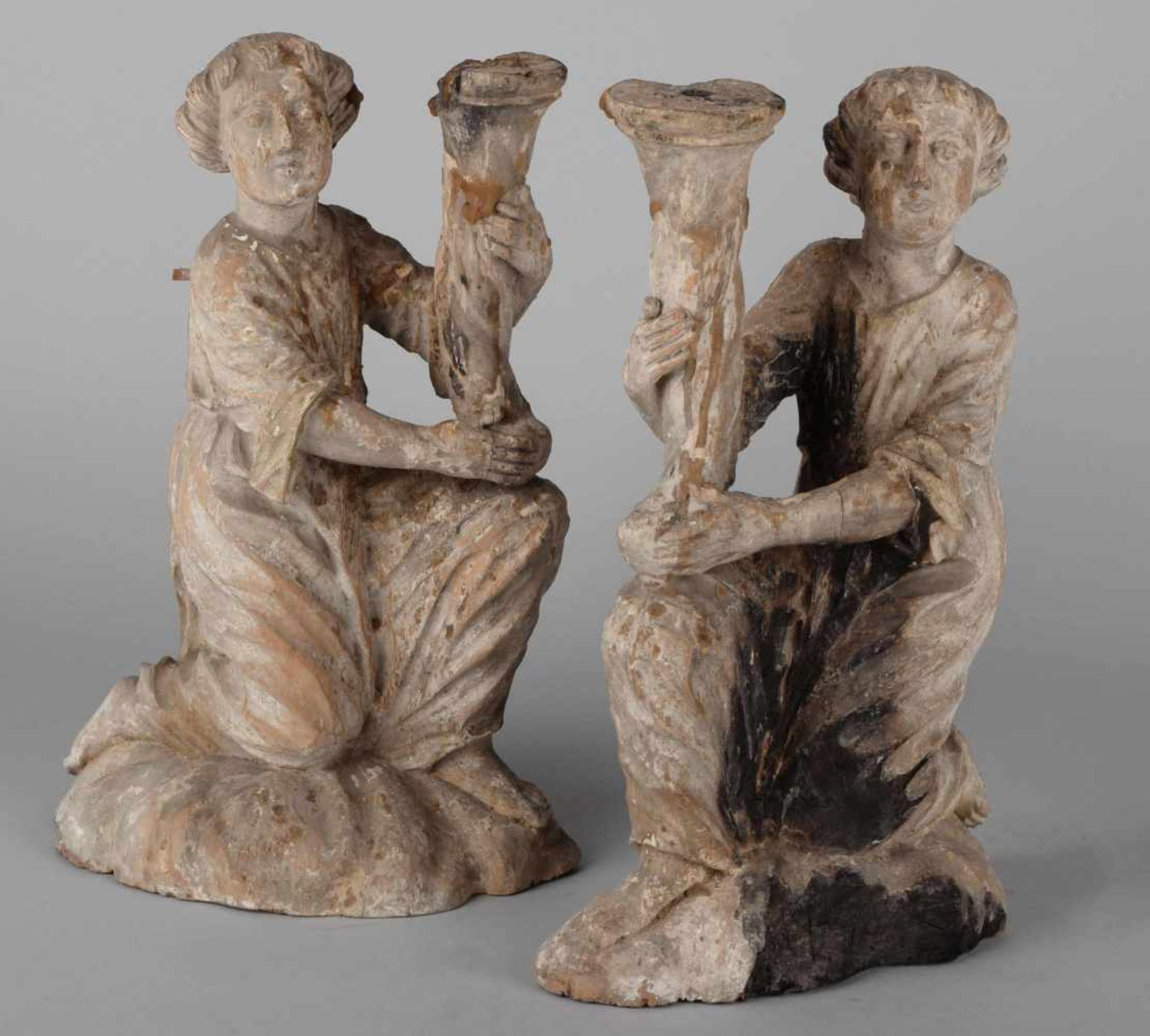 Paar Altarengel Holz geschnitzt, je auf Wolkensockel kniender Engel im langen Gewand, in beiden - Bild 2 aus 2