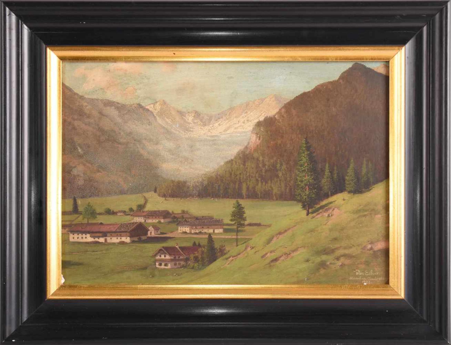 Eilers, Peter (1880 - 1940) Öl/Holz, Alpenlandschaft mit Blick über Bauernhäuser im Tal, rechts - Bild 3 aus 4