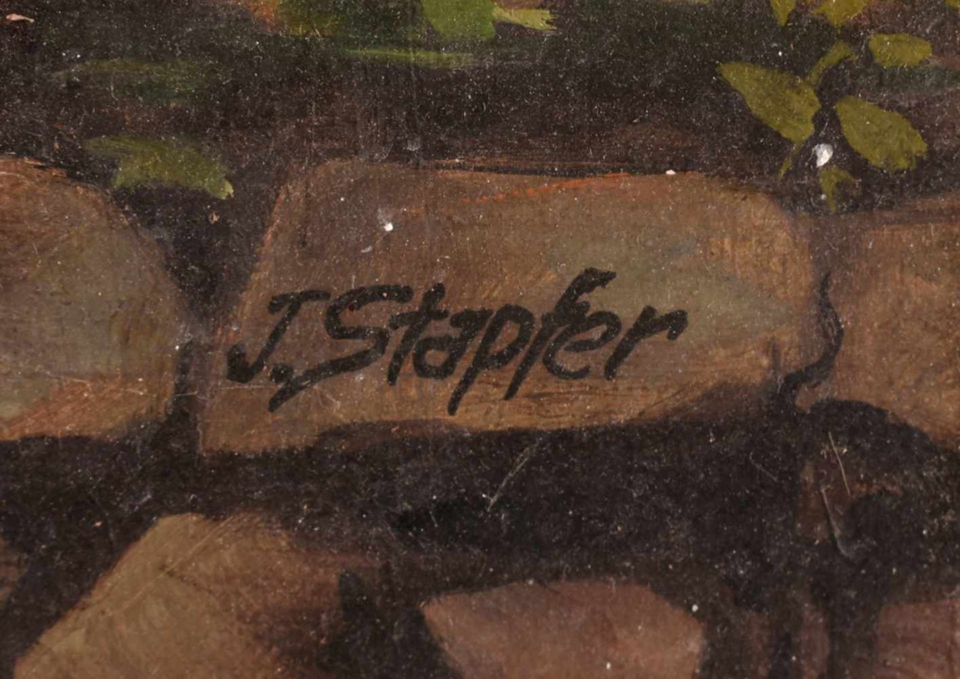 Stapfer, J. Öl/Sperrholz, Alpenlandschaft mit Wasserfall, rechts unten signiert, gerahmt, Alters- - Bild 4 aus 4