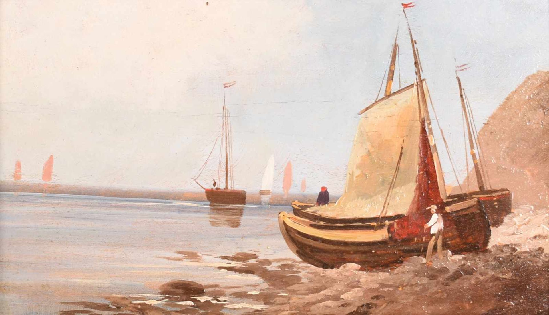 Unsigniert Öl/Holz, Küste mit Segelschiffen, unsigniert, ca. 16 x 26 cm, mit Rahmen ca. 26 x 36 - Bild 2 aus 3