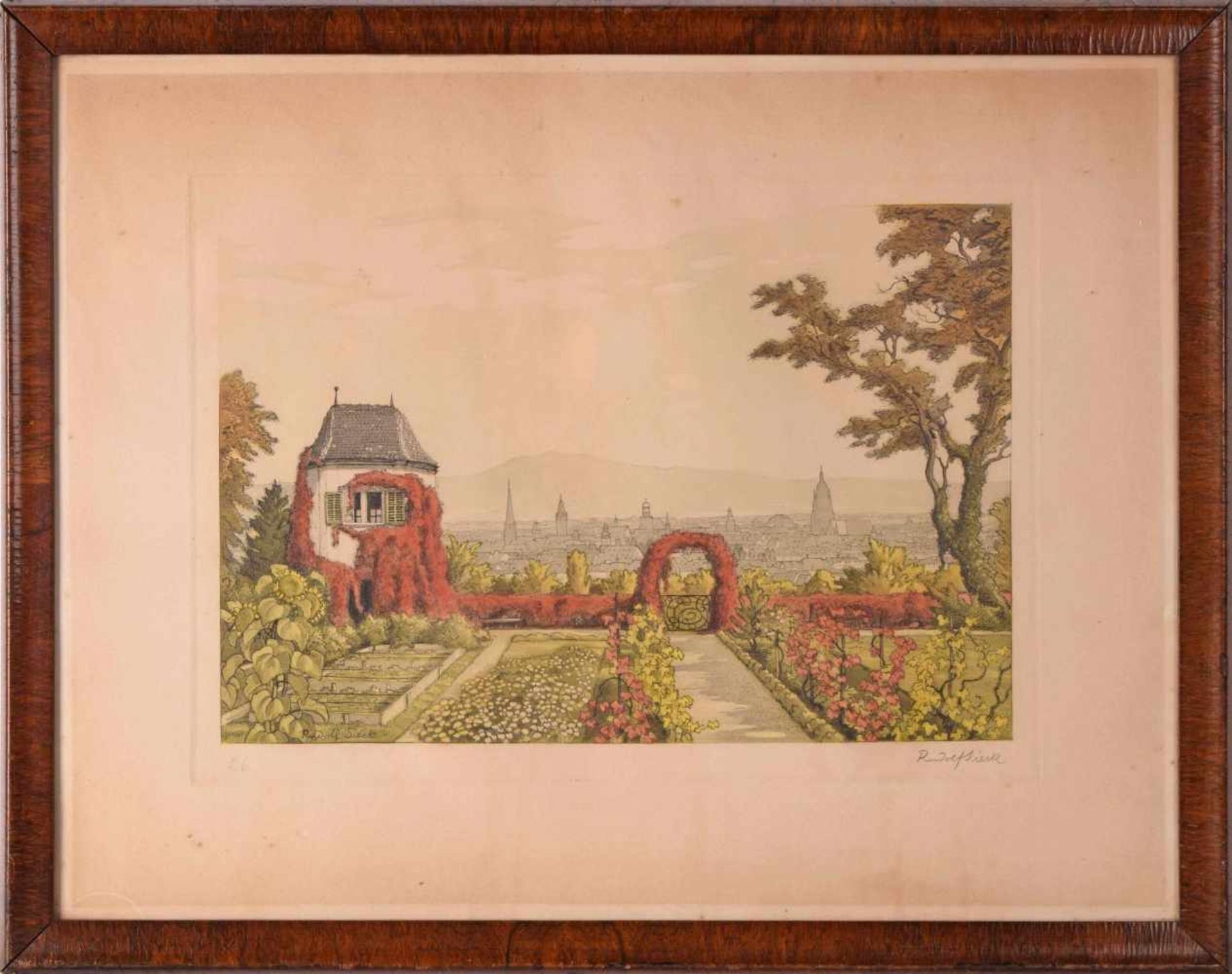 Sieck, Rudolf (1877 Rosenheim - 1957 München) aquarellierte Radierung, Blick über Gartenanlage auf - Bild 3 aus 4