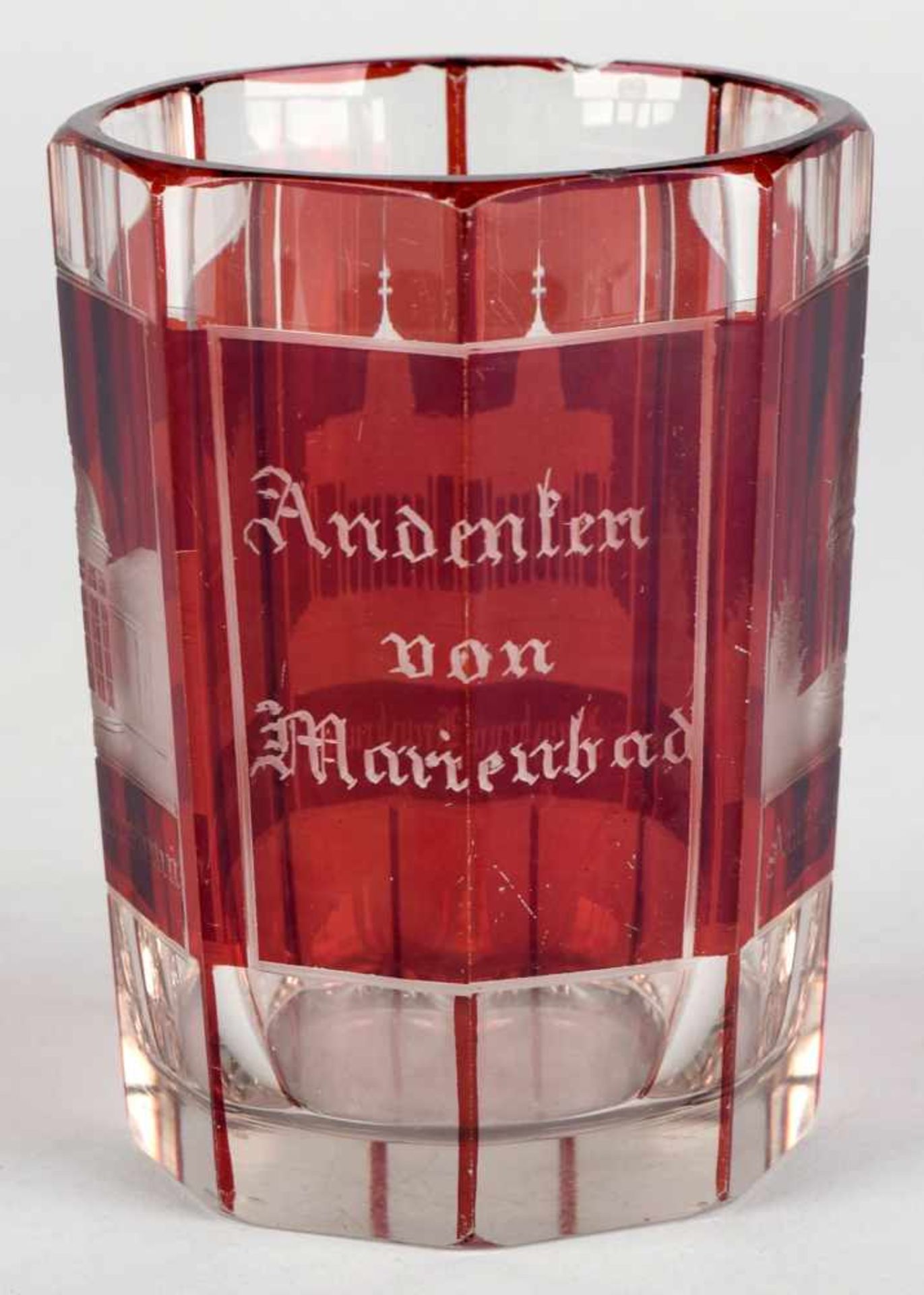 Biedermeier-Andenkenglas farblos, Zylinderform achtfach facettiert, in Kartuschen 3 Ansichten " - Bild 2 aus 3