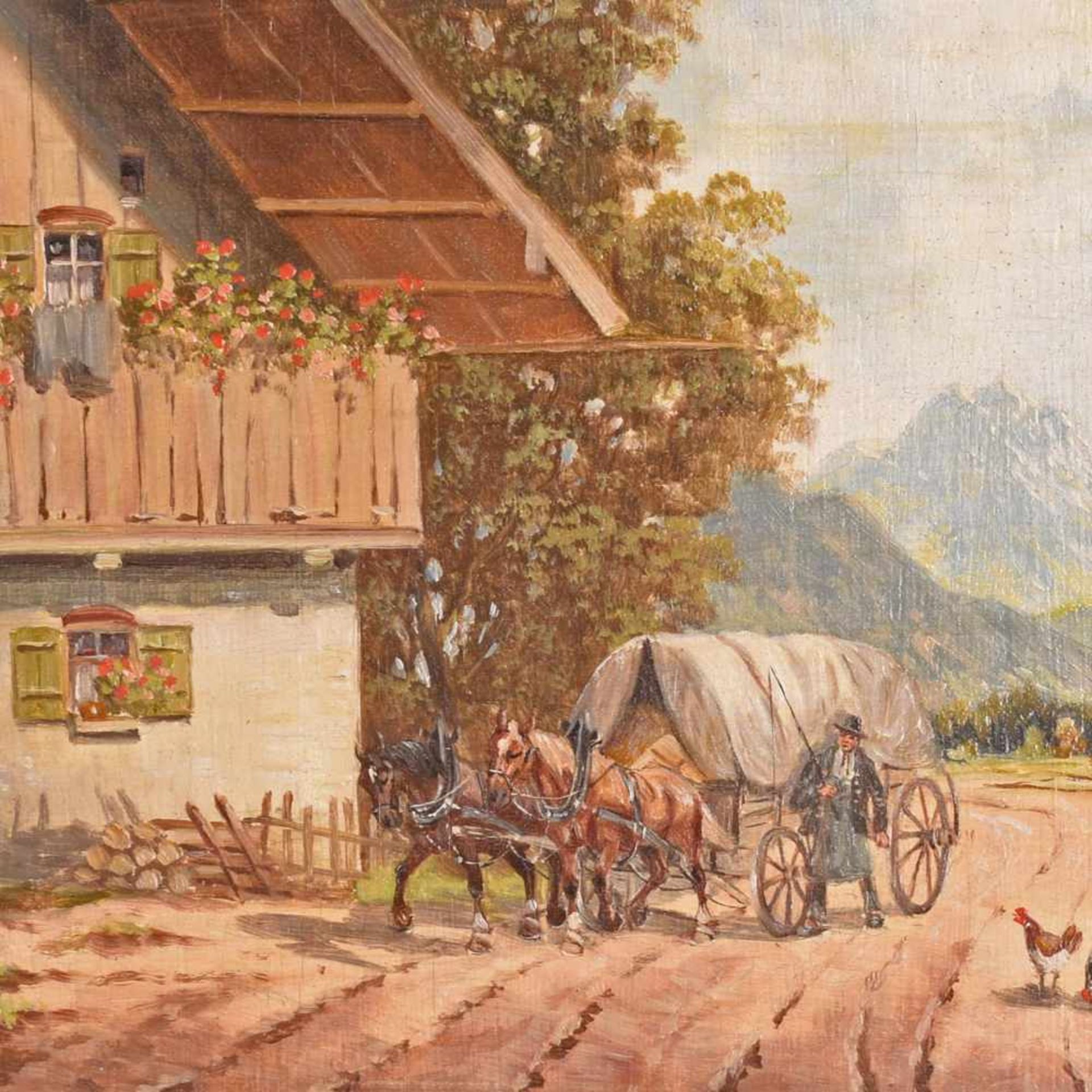 Rohrhirsch, Karl (1875 München - 1954 Greding) Öl/Holz, Pferdefuhrwerk vor Alpenkulisse, rechts