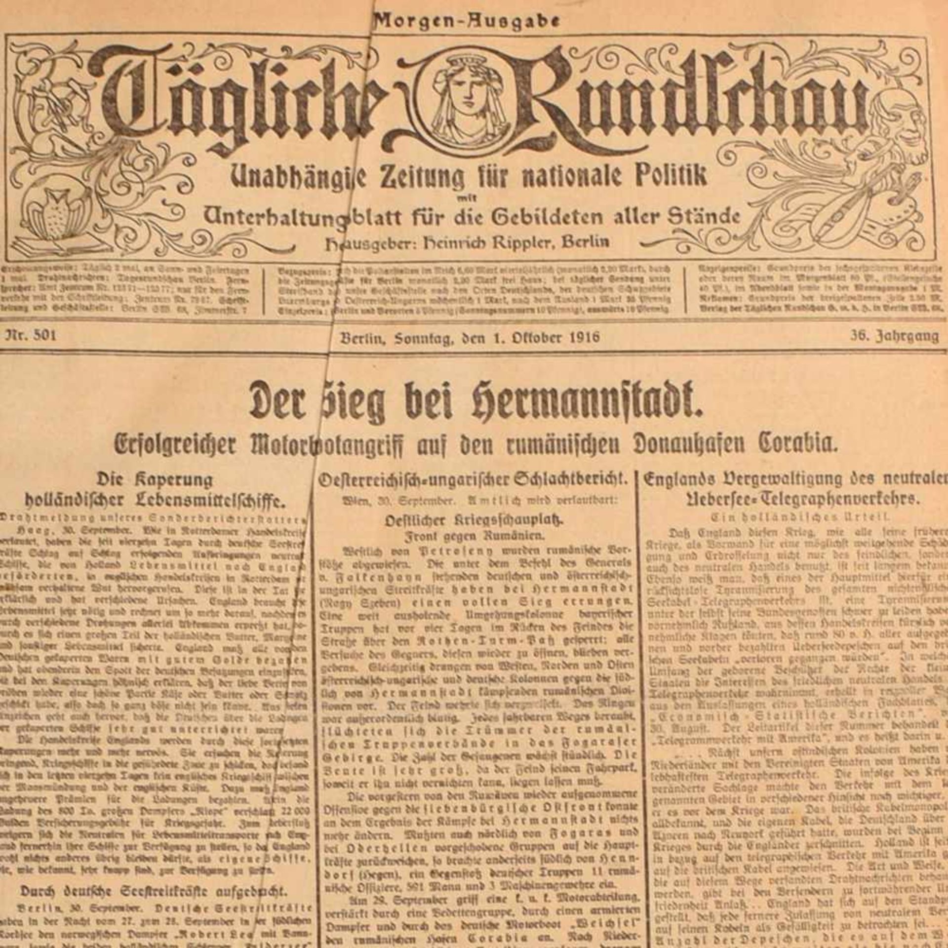 "Tägliche Rundschau 1916" gebundene Ausgabe der unabhängigen Zeitung für nationale Politik, priv.