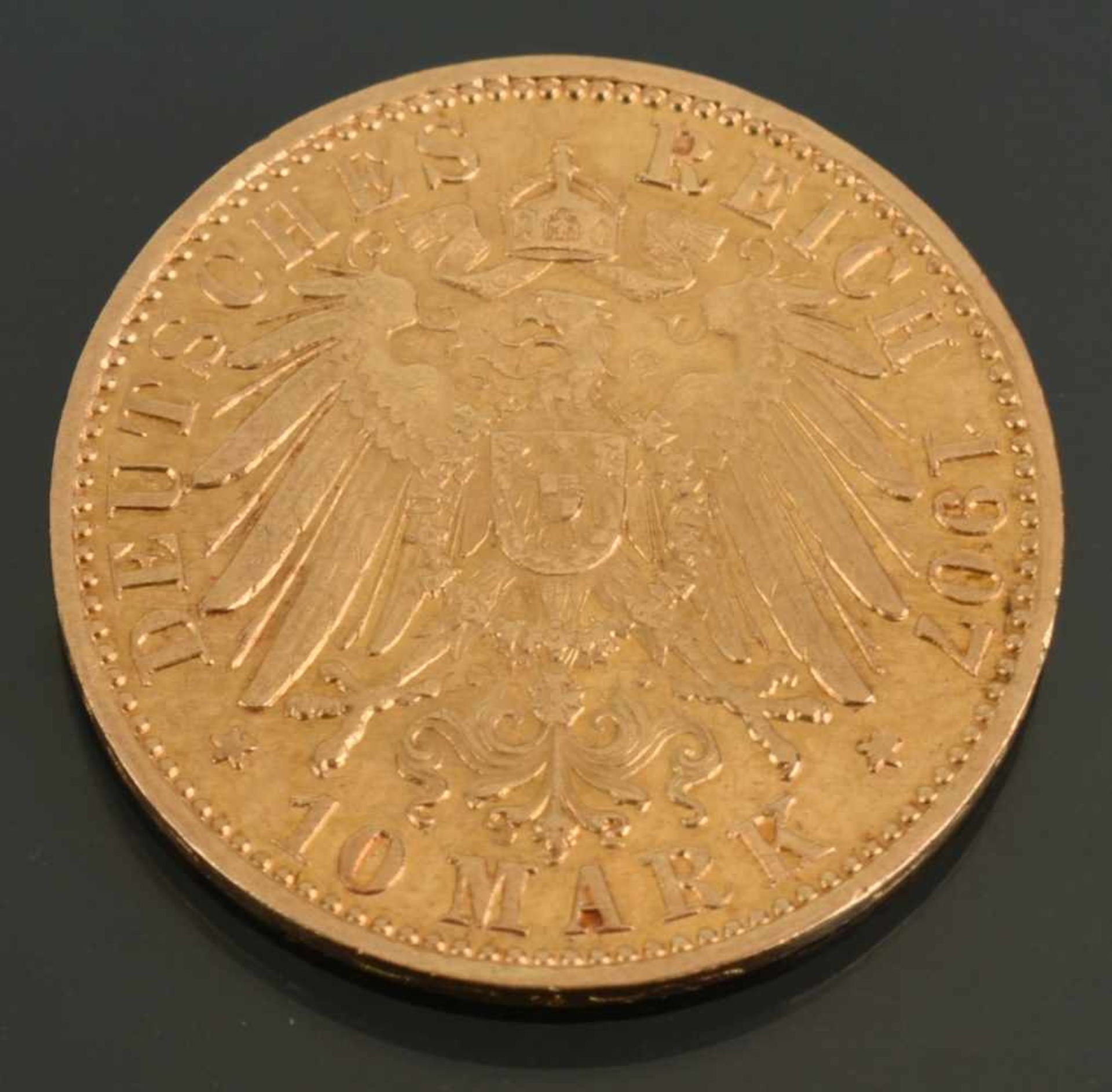 Goldmünze Kaiserreich - Preußen 1907 10 Mark in Gold, 900/1000, 3,98 g, D ca. 19,5 mm, av. Wilhelm - Bild 3 aus 3