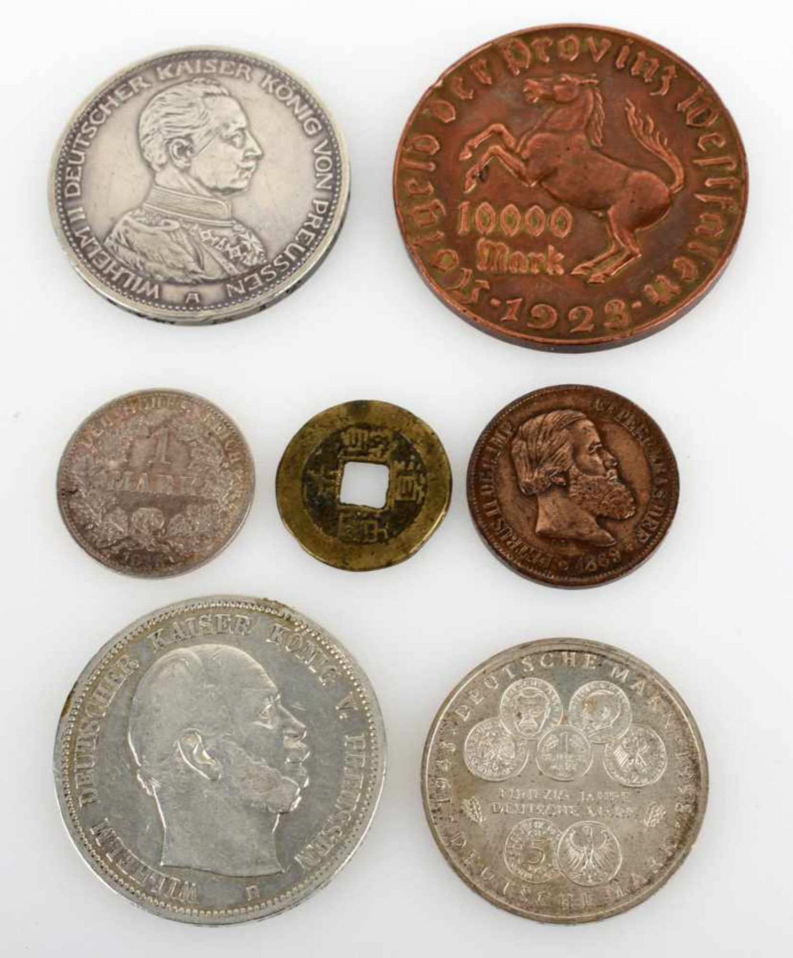 Konvolut Münzen insg. 7 versch. Ausgaben: 1 x 5 Mark in Silber, av. Wilhelm Deutscher Kaiser König - Bild 2 aus 3