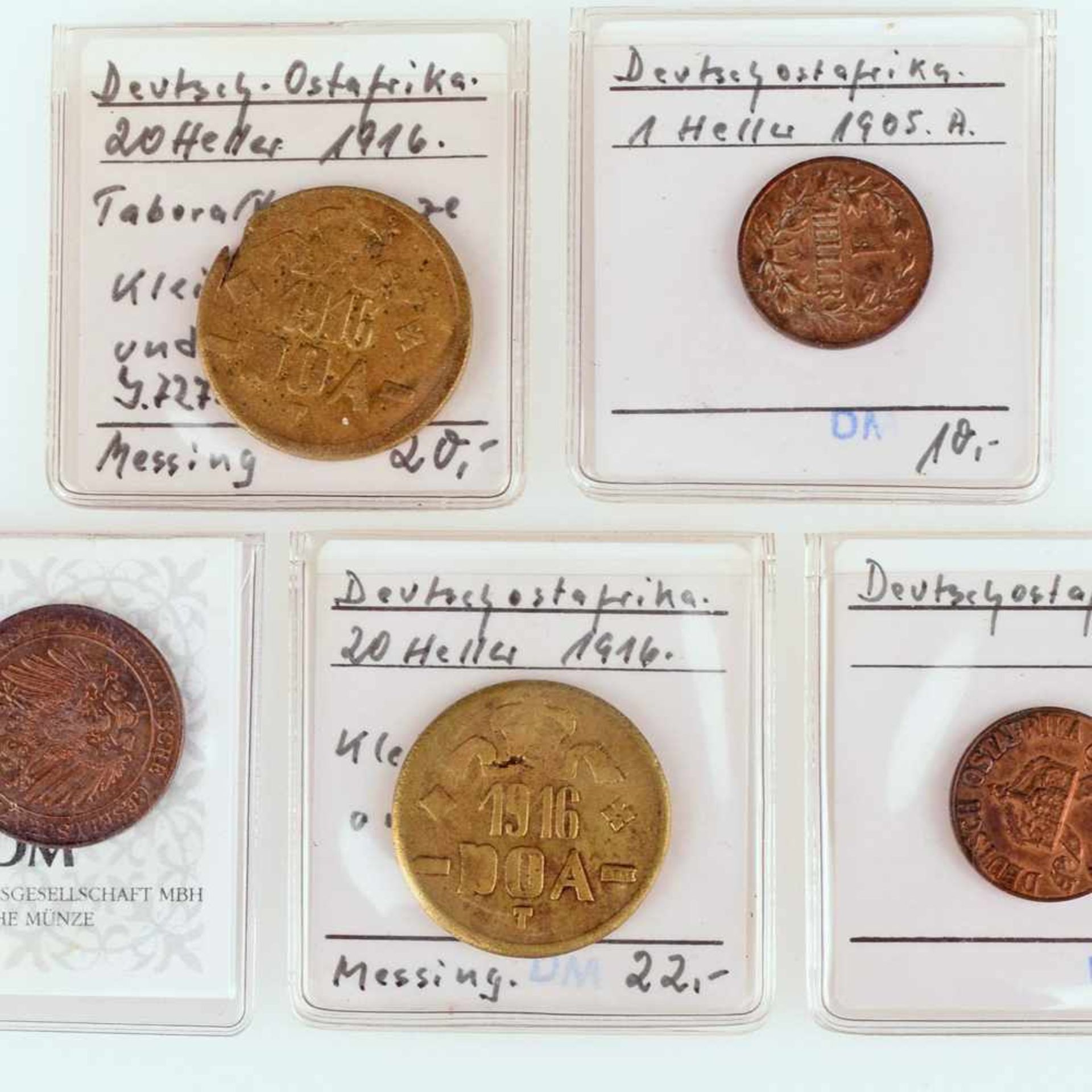 Konvolut Münzen Deutsche Kolonien insg. 5 Münzen Deutsch Ostafrika, dabei: 2 x 20 Heller 1916 (