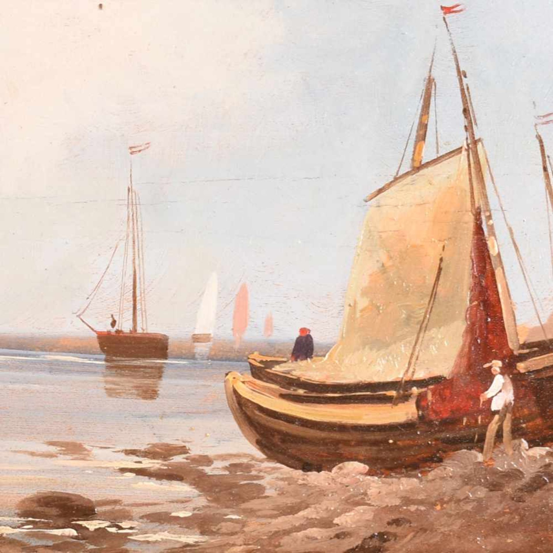 Unsigniert Öl/Holz, Küste mit Segelschiffen, unsigniert, ca. 16 x 26 cm, mit Rahmen ca. 26 x 36