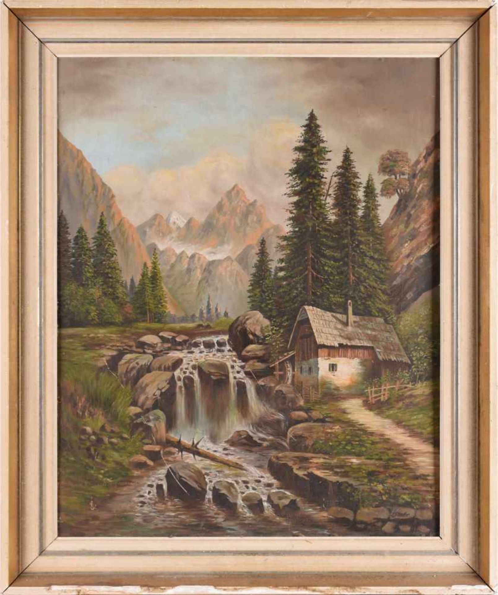 Stapfer, J. Öl/Sperrholz, Alpenlandschaft mit Wasserfall, rechts unten signiert, gerahmt, Alters- - Bild 3 aus 4