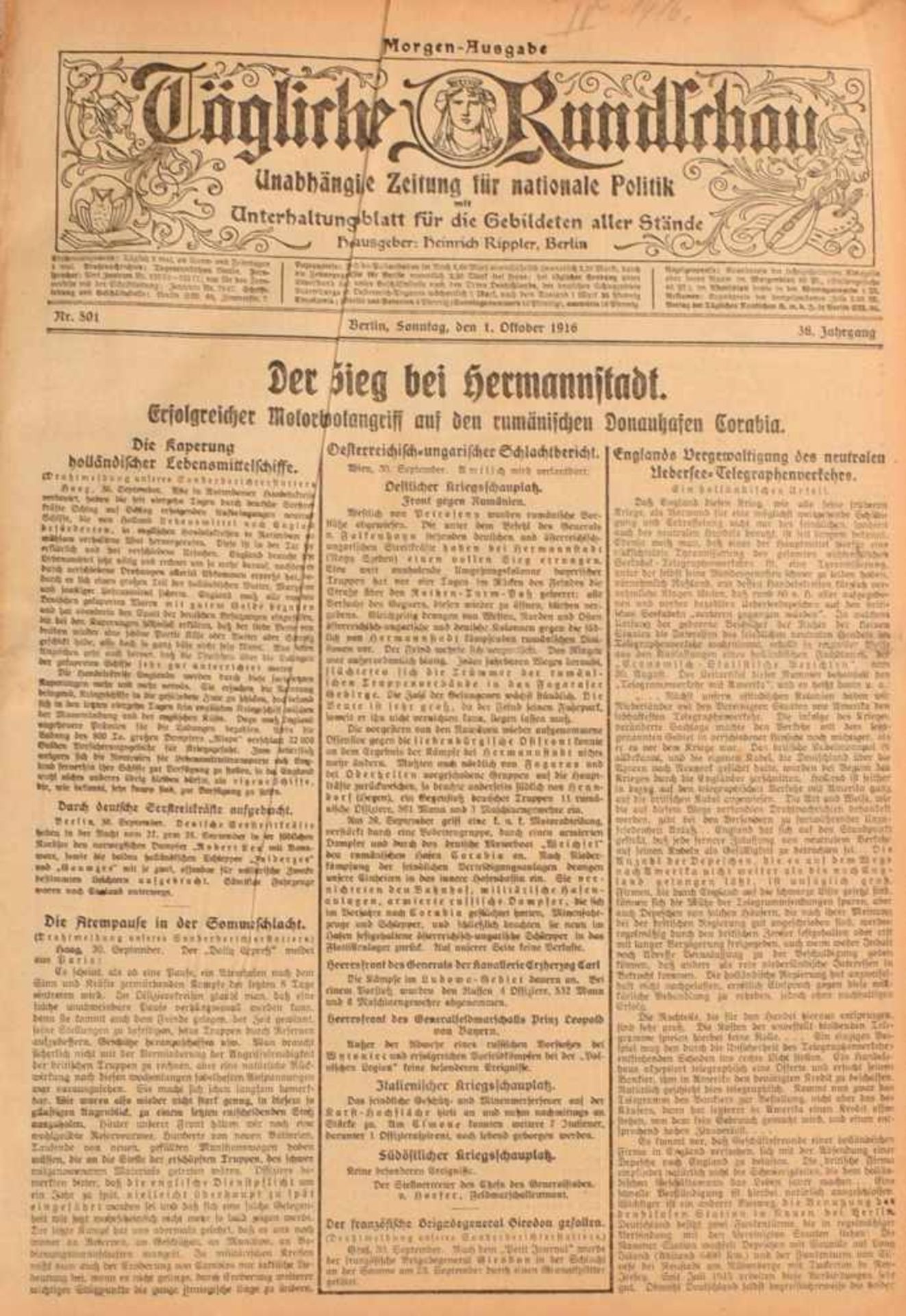 "Tägliche Rundschau 1916" gebundene Ausgabe der unabhängigen Zeitung für nationale Politik, priv. - Bild 2 aus 2