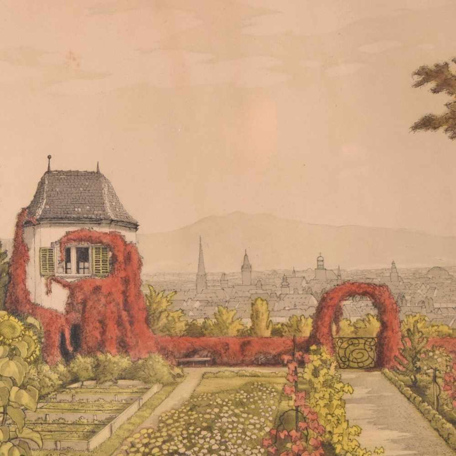 Sieck, Rudolf (1877 Rosenheim - 1957 München) aquarellierte Radierung, Blick über Gartenanlage auf