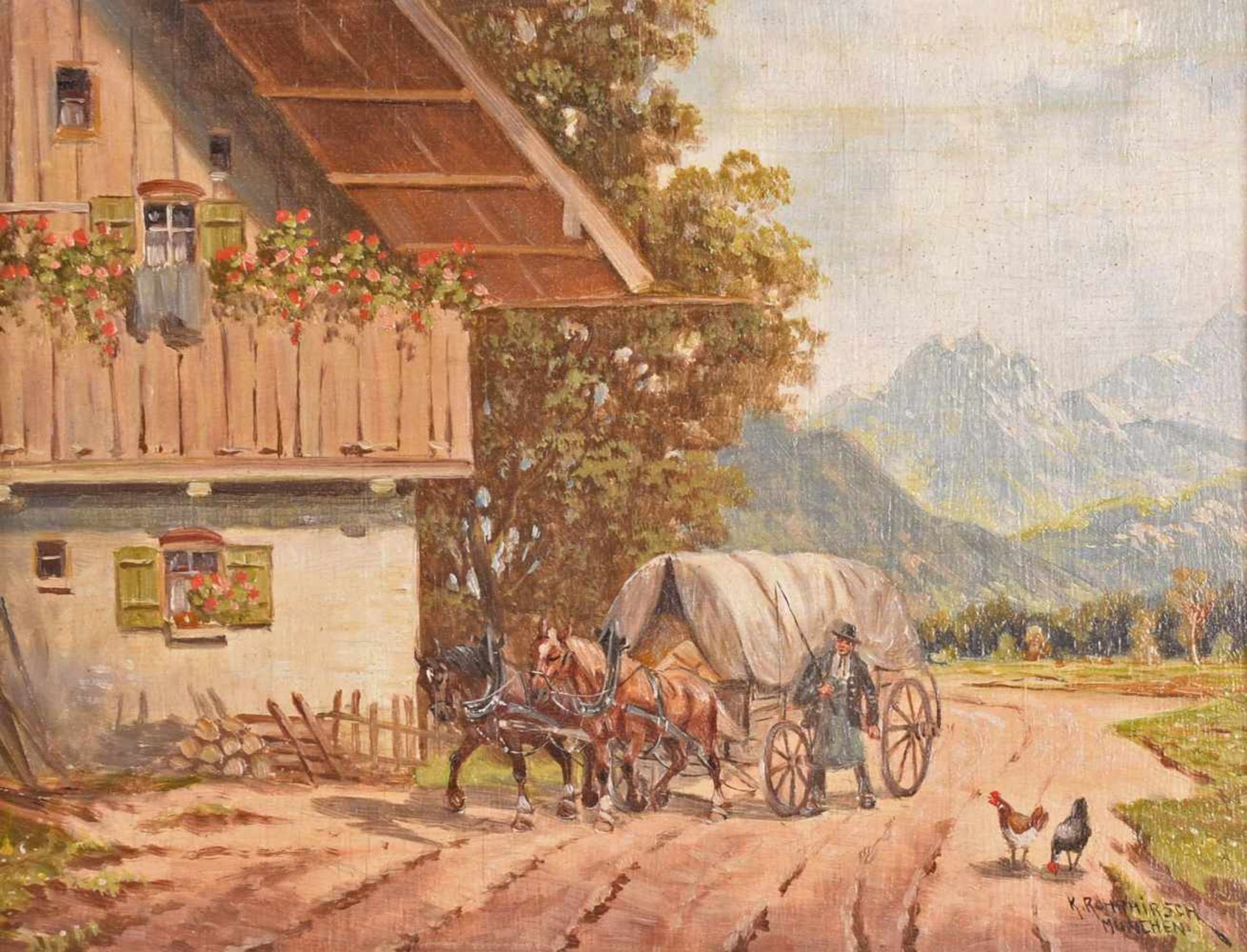 Rohrhirsch, Karl (1875 München - 1954 Greding) Öl/Holz, Pferdefuhrwerk vor Alpenkulisse, rechts - Bild 2 aus 4