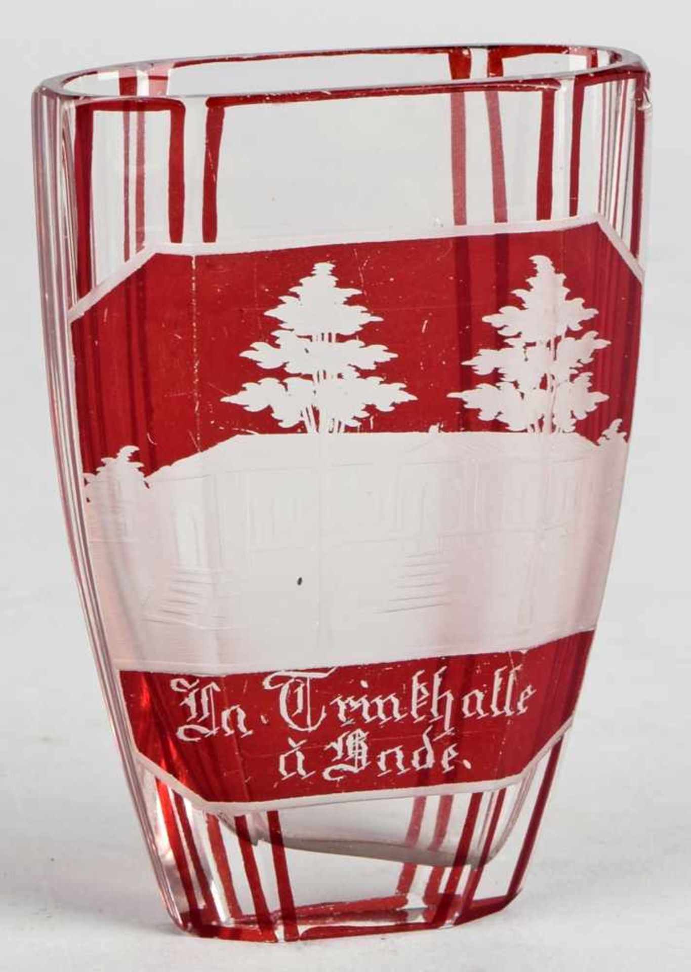 Kleines Biedermeier-Andenkenglas farblos, flacher Korpus achtfach facettiert, schauseitig in - Bild 2 aus 2