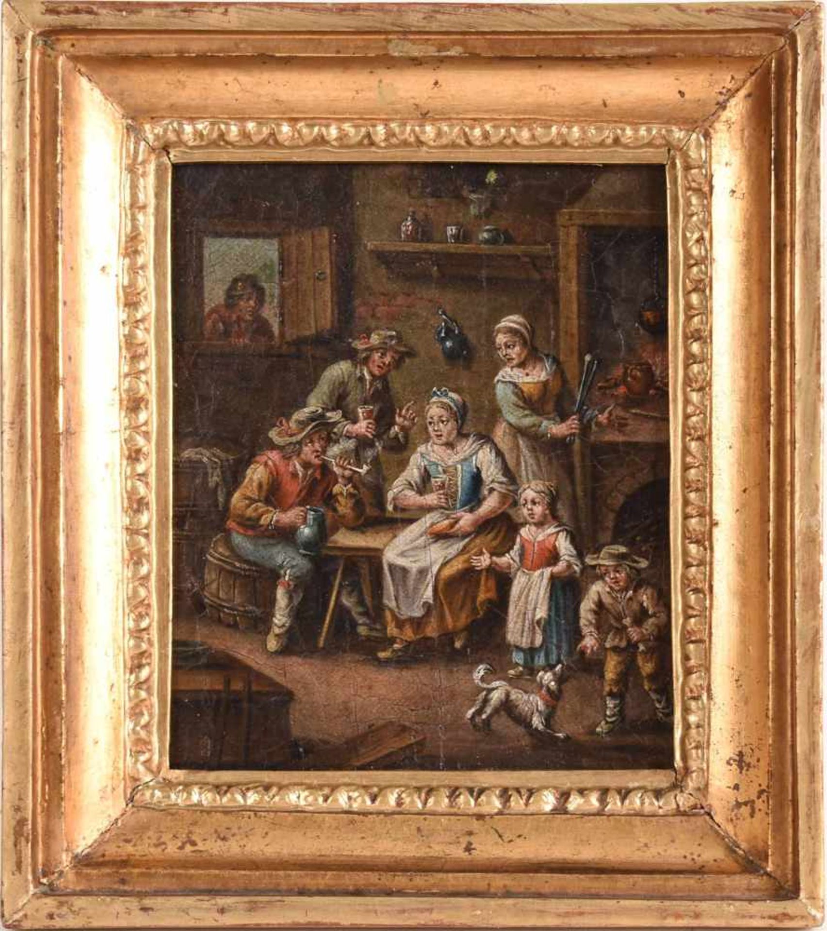 Unsigniert Öl/Lwd. auf Holz, Bauernstubenszene in der Manier von David Teniers, gerahmt, tlw. - Bild 3 aus 3