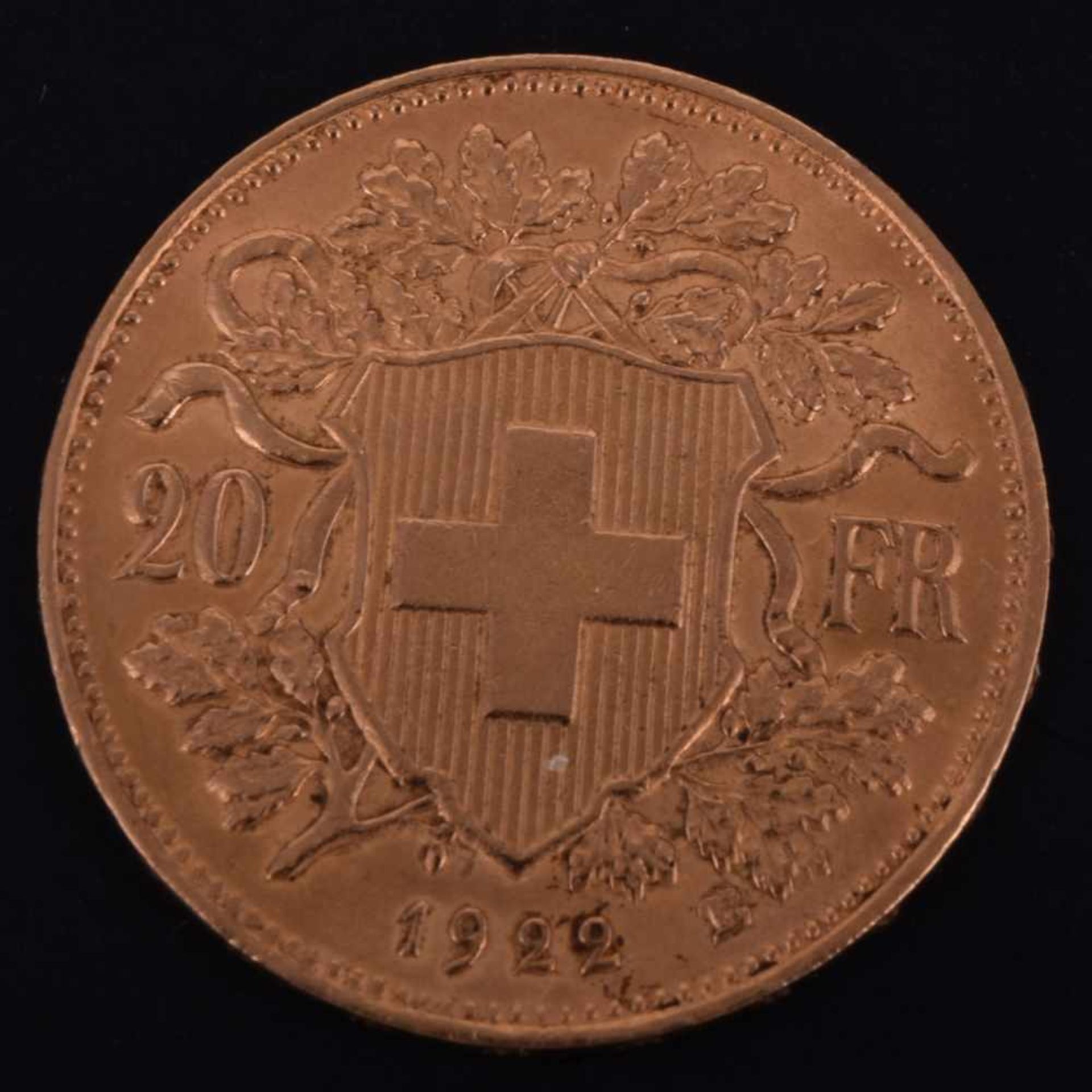 Goldmünze Schweiz 1922 20 Franken in Gold, 900/1000, 6,45 g, av. Wappen über Eichenlaub, rv. " - Bild 3 aus 3