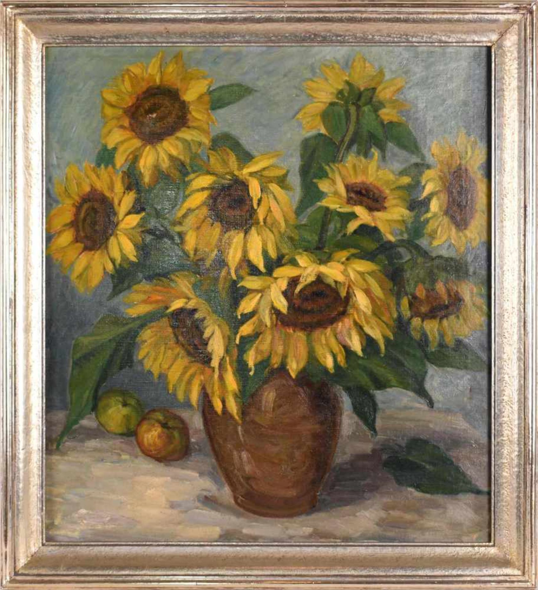 Unsigniert Öl/Lwd., Stillleben mit Sonnenblumen, silberfarbene Rahmung, ca. 66 x 58 cm, mit Rahmen - Bild 3 aus 3