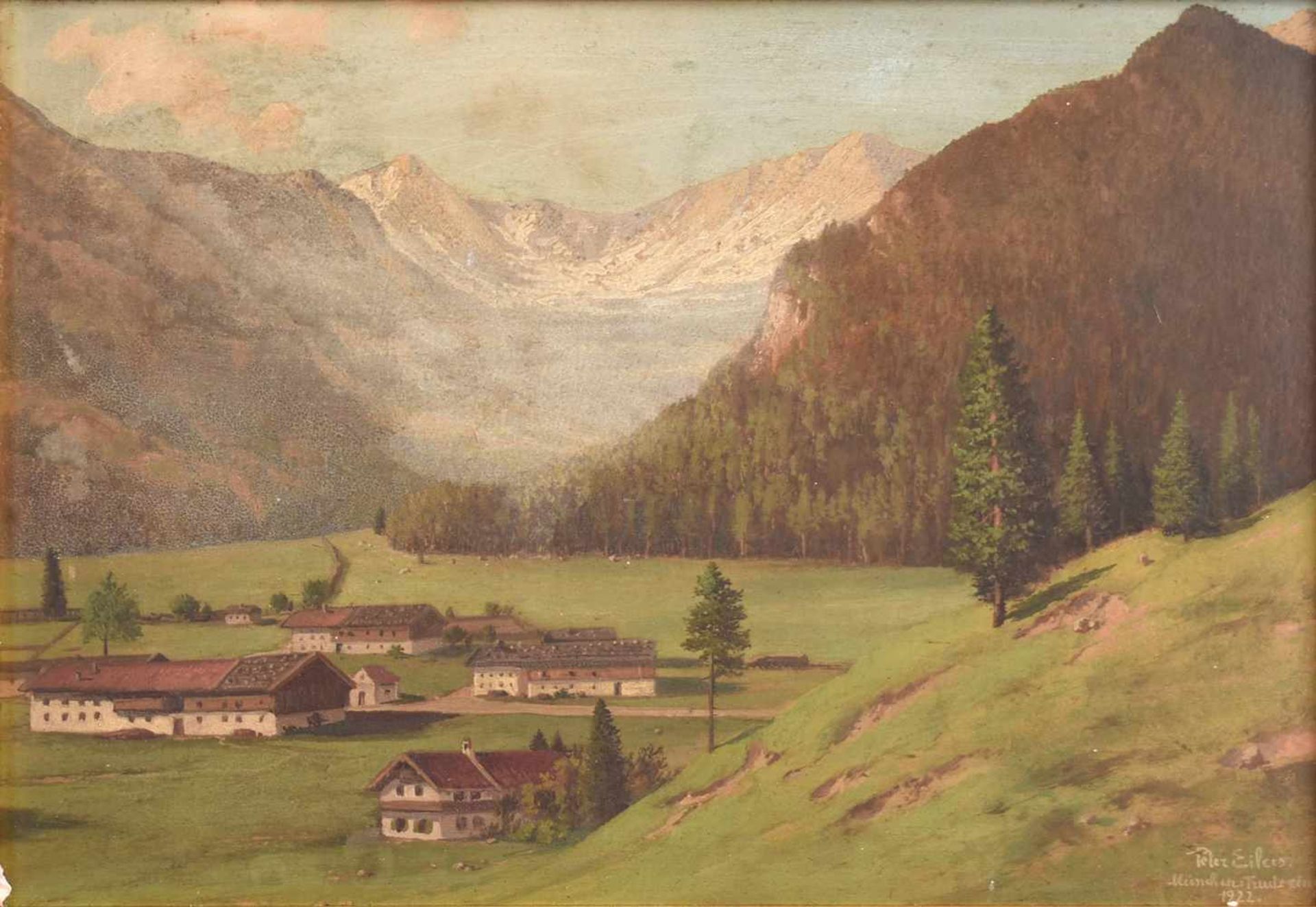 Eilers, Peter (1880 - 1940) Öl/Holz, Alpenlandschaft mit Blick über Bauernhäuser im Tal, rechts - Bild 2 aus 4