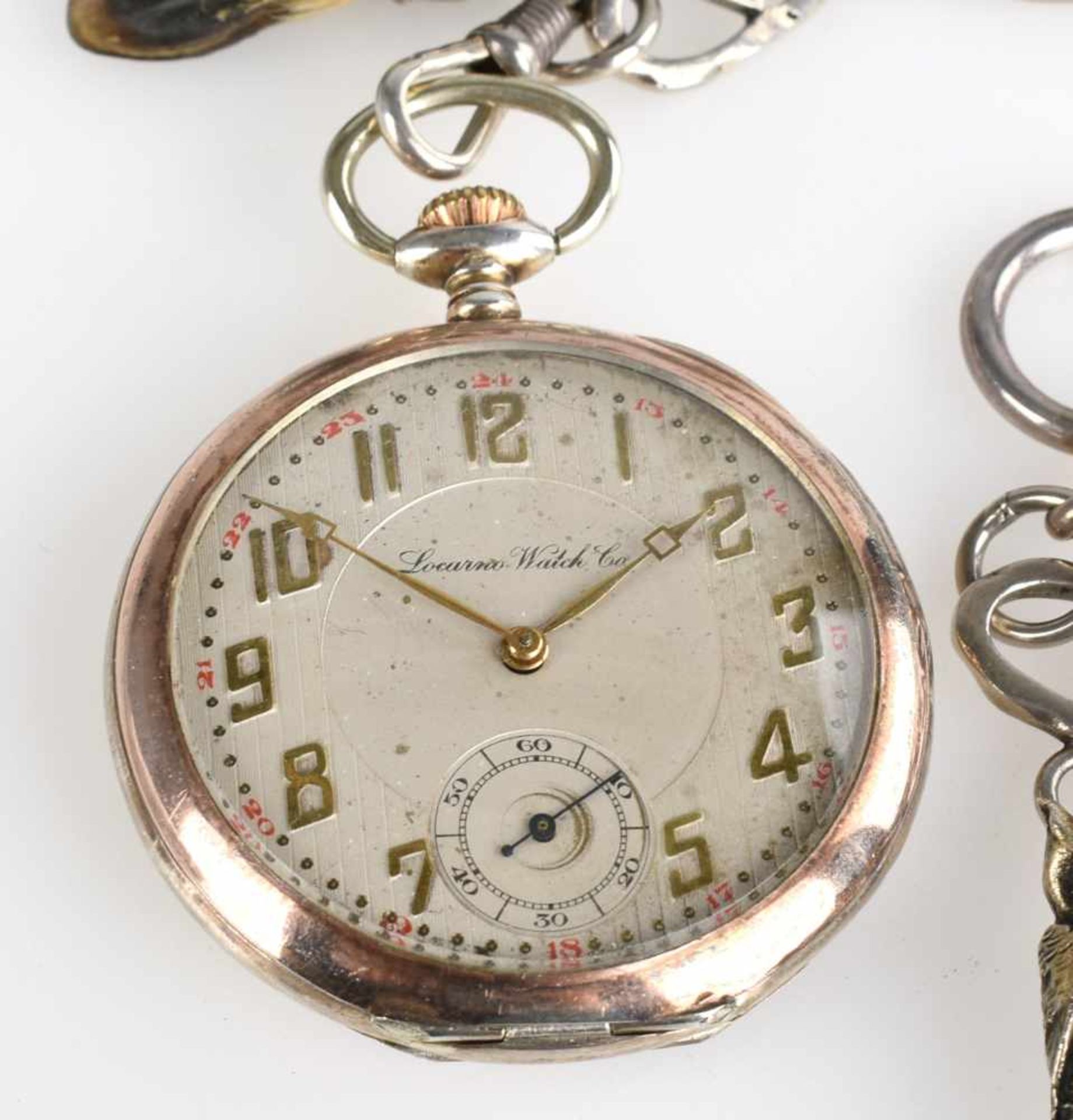 Taschenuhr mit Uhrenkette Silber 800, helles Zifferblatt bez. "Locarno Watch Co.", Stunde, Minute - Bild 3 aus 4