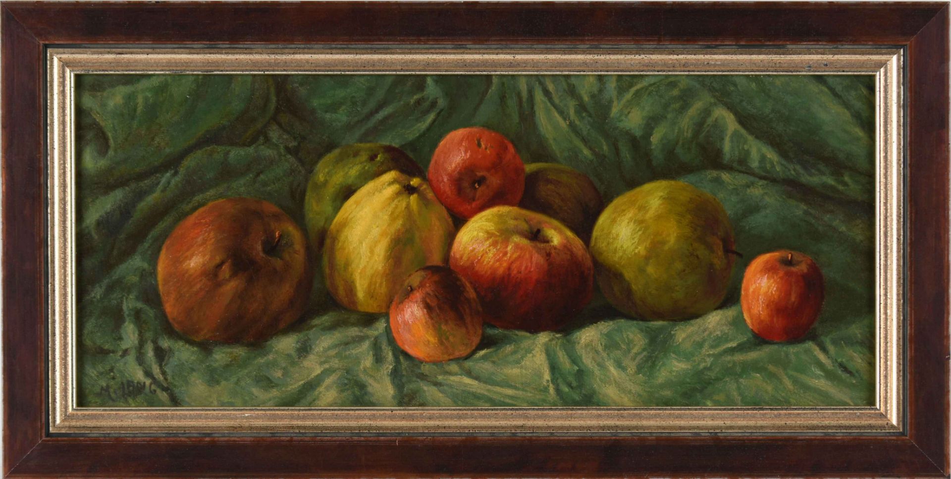 Lang, M. Öl/Holz, Stillleben mit Obst, links unten signiert, gerahmt, ca. 18 x 43 cm, mit Rahmen ca. - Bild 3 aus 4