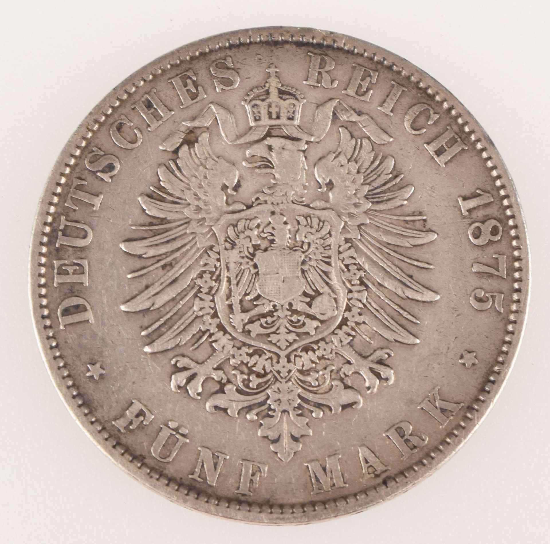 Silbermünze Kaiserreich - Sachsen 1875 5 Mark in Silber, av. Albert König von Sachsen Kopf rechts, - Bild 3 aus 3