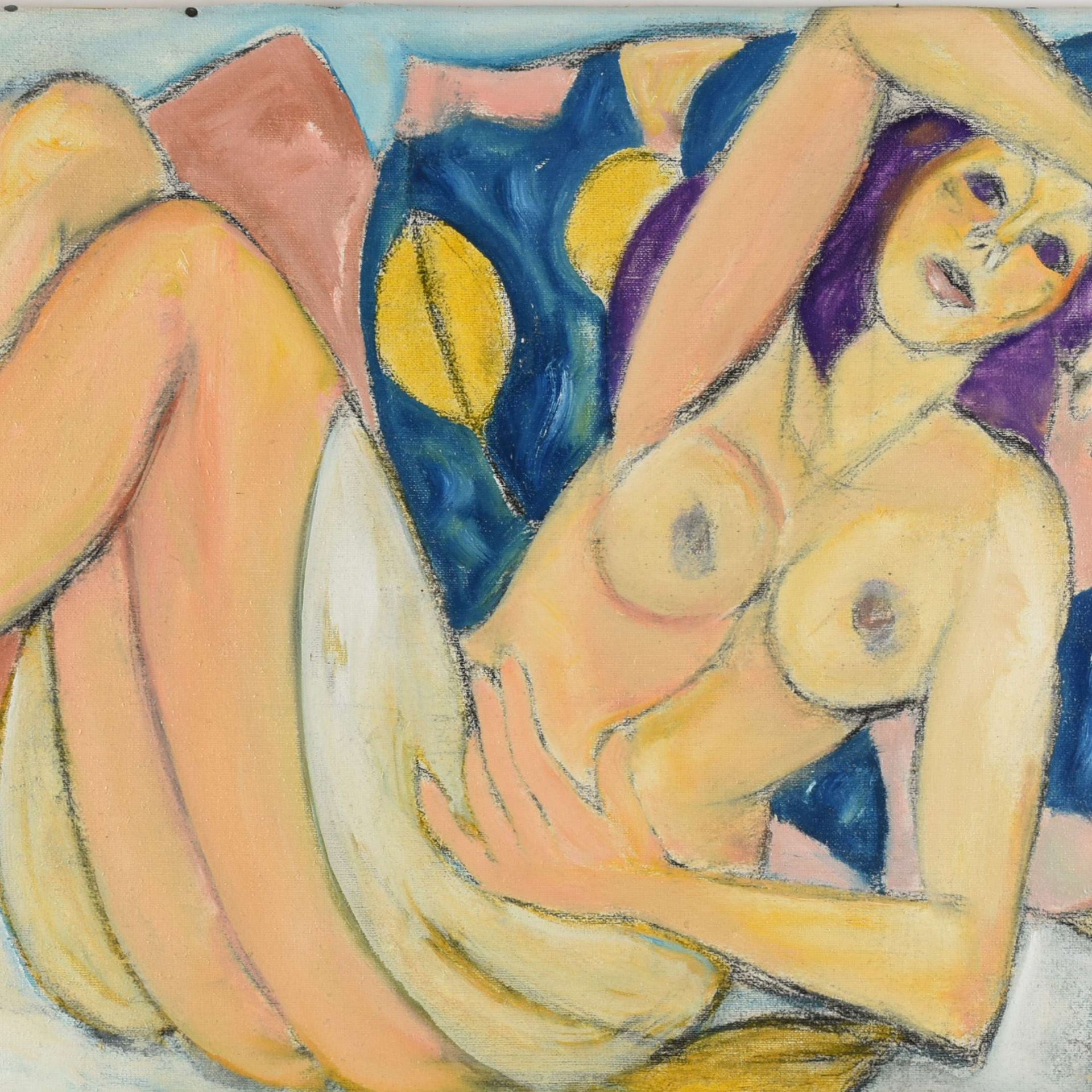 Unsigniert Öl/Lwd., liegender weiblicher Akt, ungerahmt, ca. 55 x 105,5 cm, 1960er Jahre
