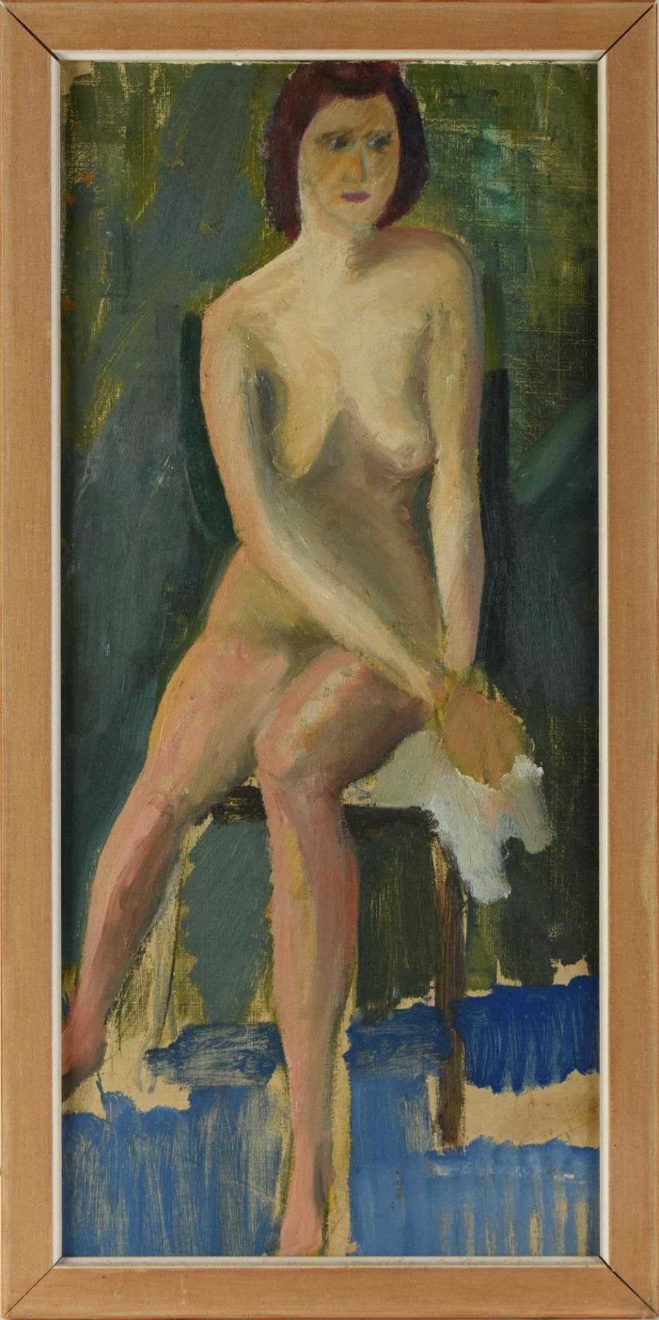 Unsigniert Öl/Hartfaser, sitzender Mädchenakt, schlichte Leistenrahmung, insg. ca. 67 x 34 cm - Bild 3 aus 3