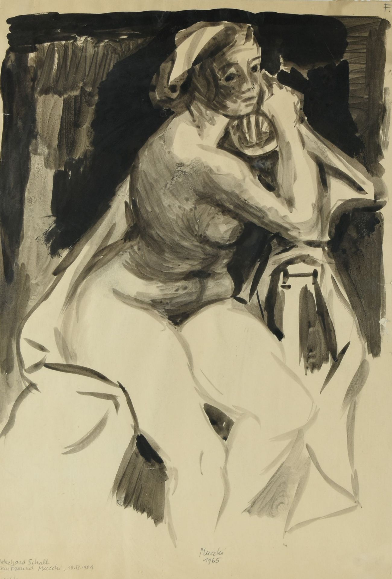 Schall, Ekkehard Pinseltusche, "Mucki", sitzender weiblicher Akt, unten in Blei signiert, datiert - Bild 2 aus 4