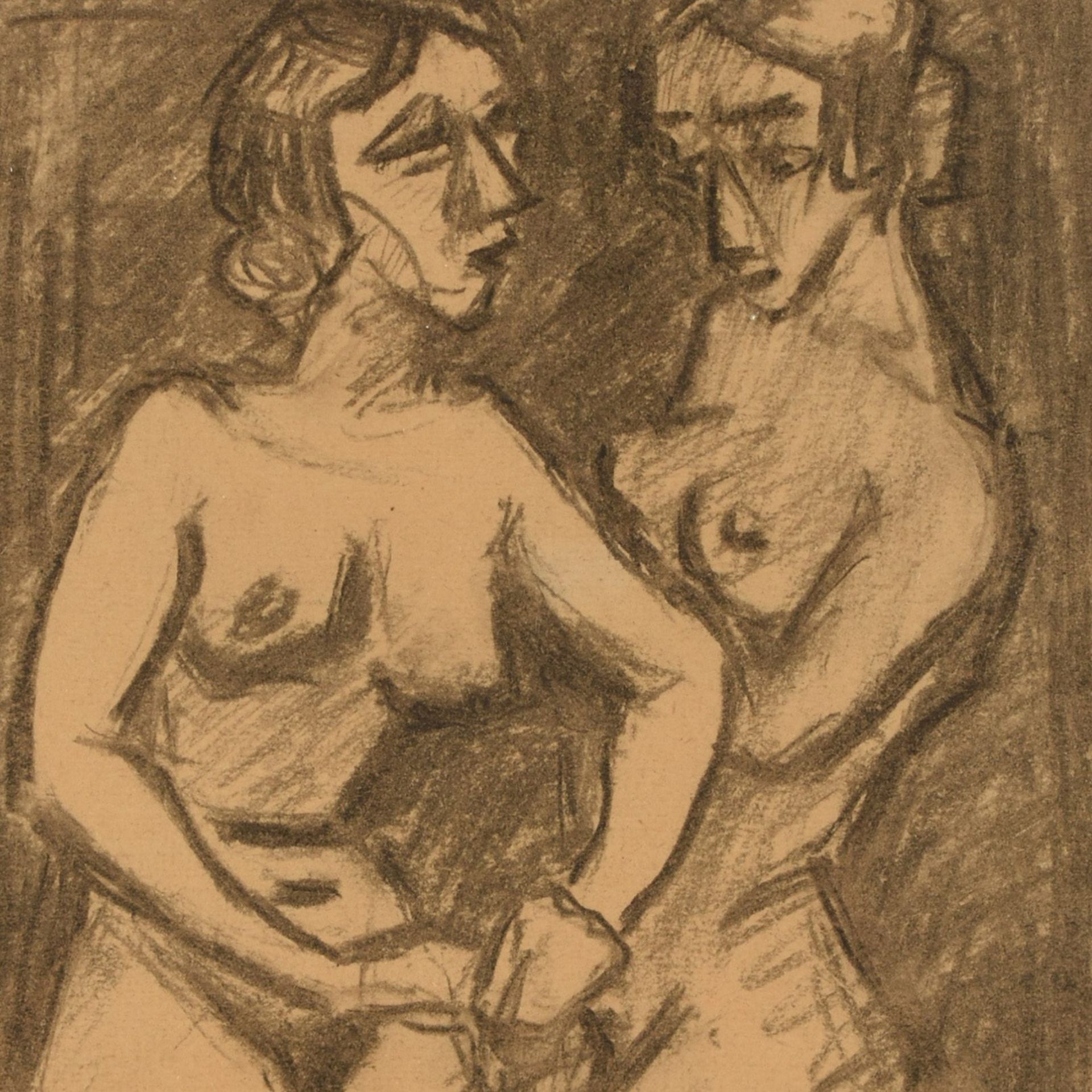 Monogrammiert Bleistiftzeichnung, zwei stehende Damenakte, in expressionistischer Manier mit schwarz