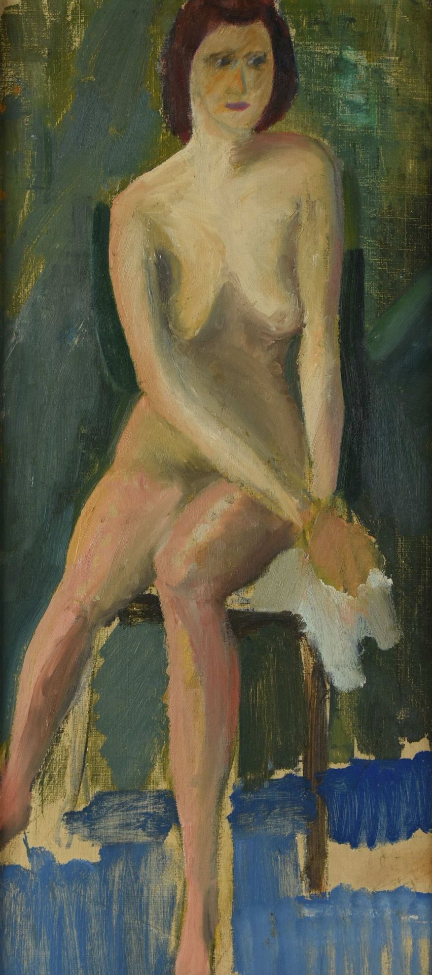 Unsigniert Öl/Hartfaser, sitzender Mädchenakt, schlichte Leistenrahmung, insg. ca. 67 x 34 cm - Bild 2 aus 3