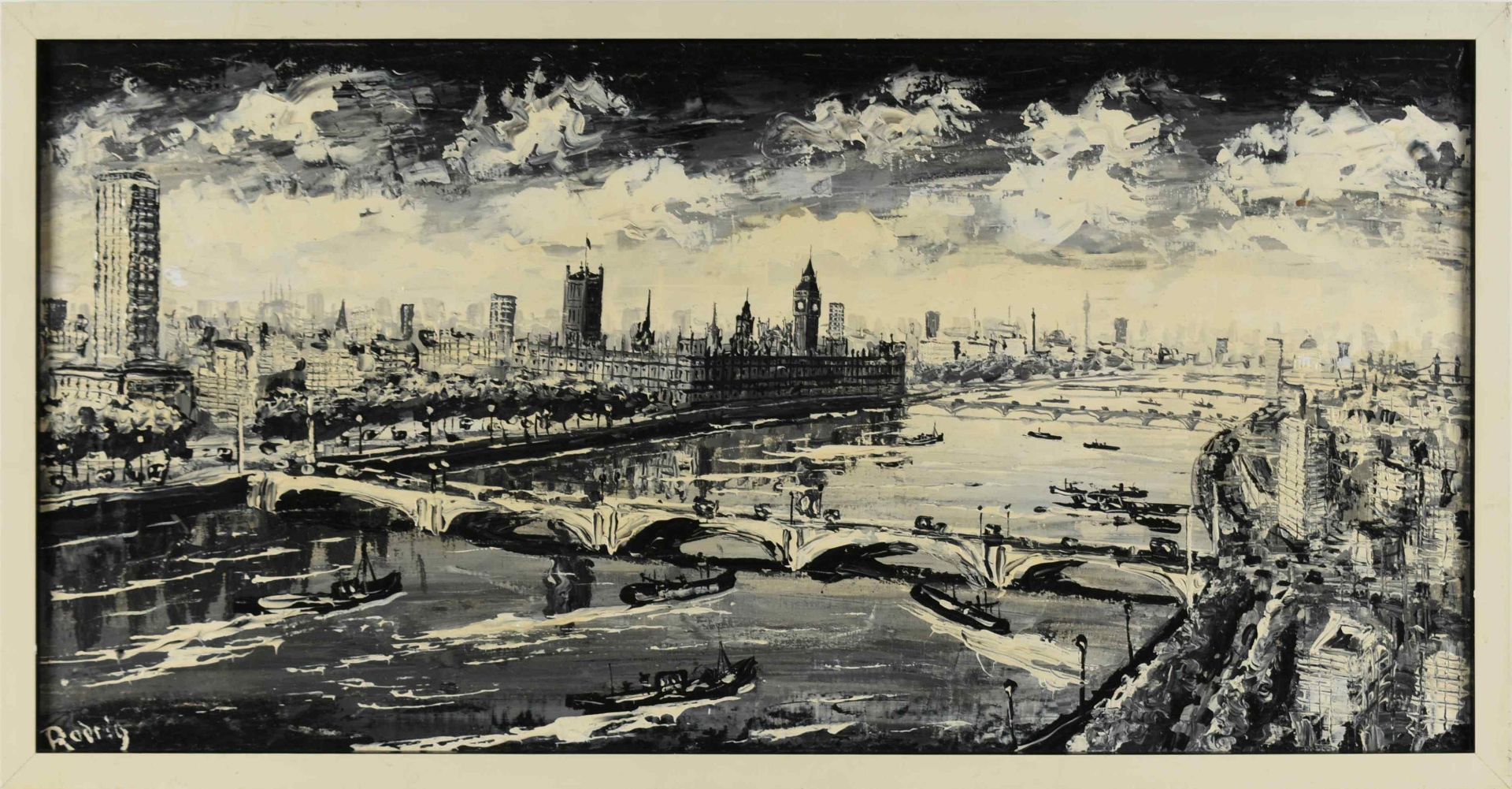 Rodrig Öl/Lwd., London, Blick über die Themse auf Westminster, links unten signiert, ca. 39 x 80 cm, - Bild 3 aus 4