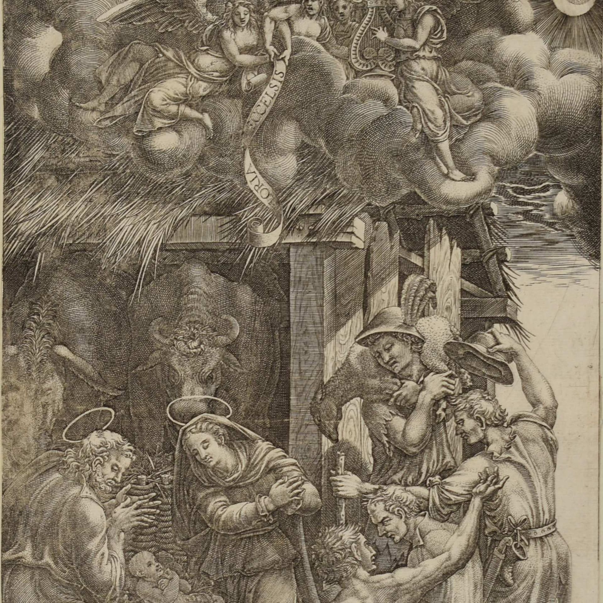 Ghisi, Giorgio (um 1520 Mantua - 1582 ebd.) Kupferstich, Die Anbetung der Hirten", Stall von