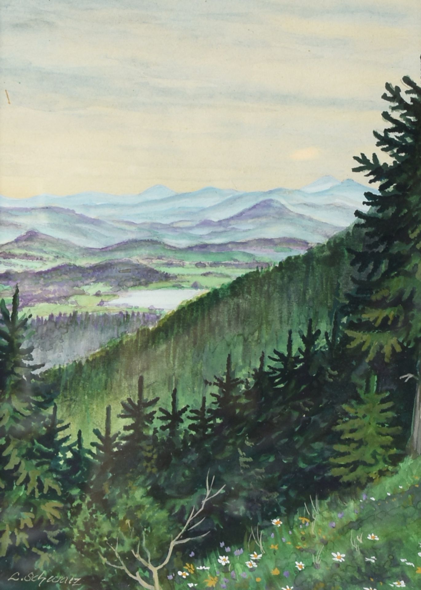 Schwarz, L. Aquarell und Gouache auf Papier, weiter Blick in erzgebirgische Landschaft, links - Bild 2 aus 4