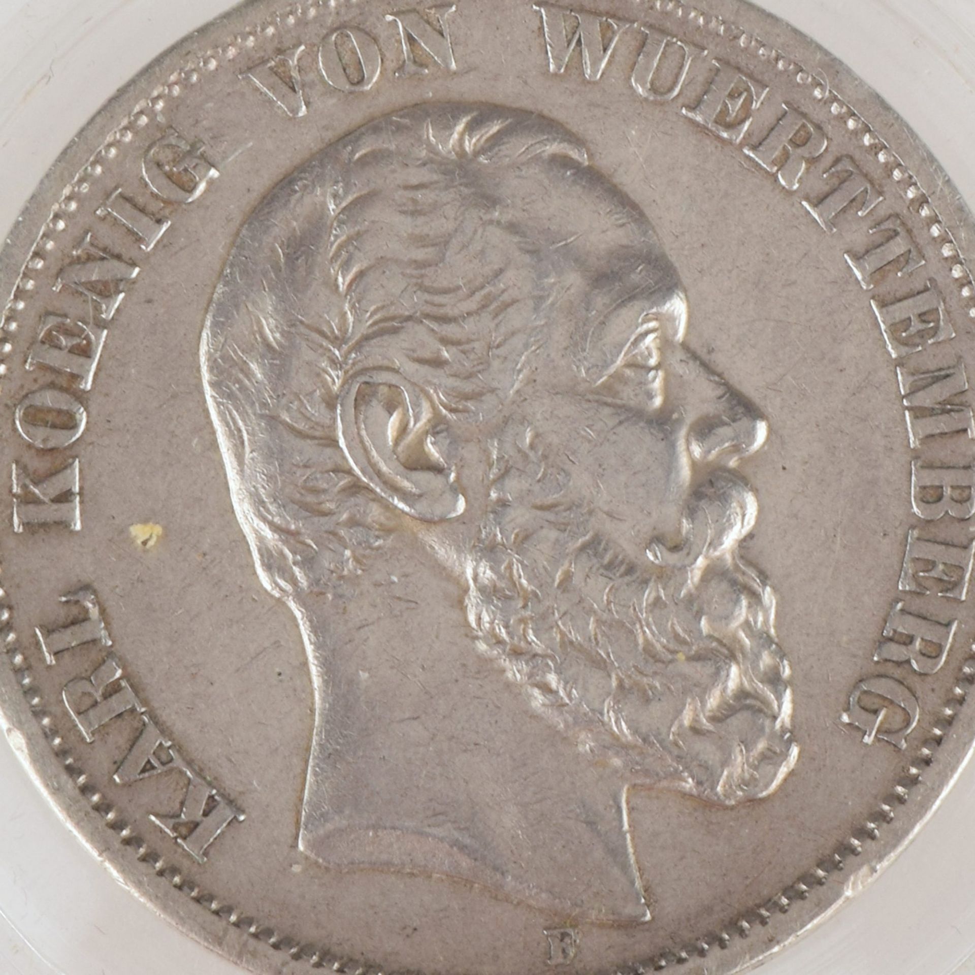 Silbermünze Kaiserreich - Württemberg 1876 5 Mark in Silber, av. Karl König von Württemberg Kopf