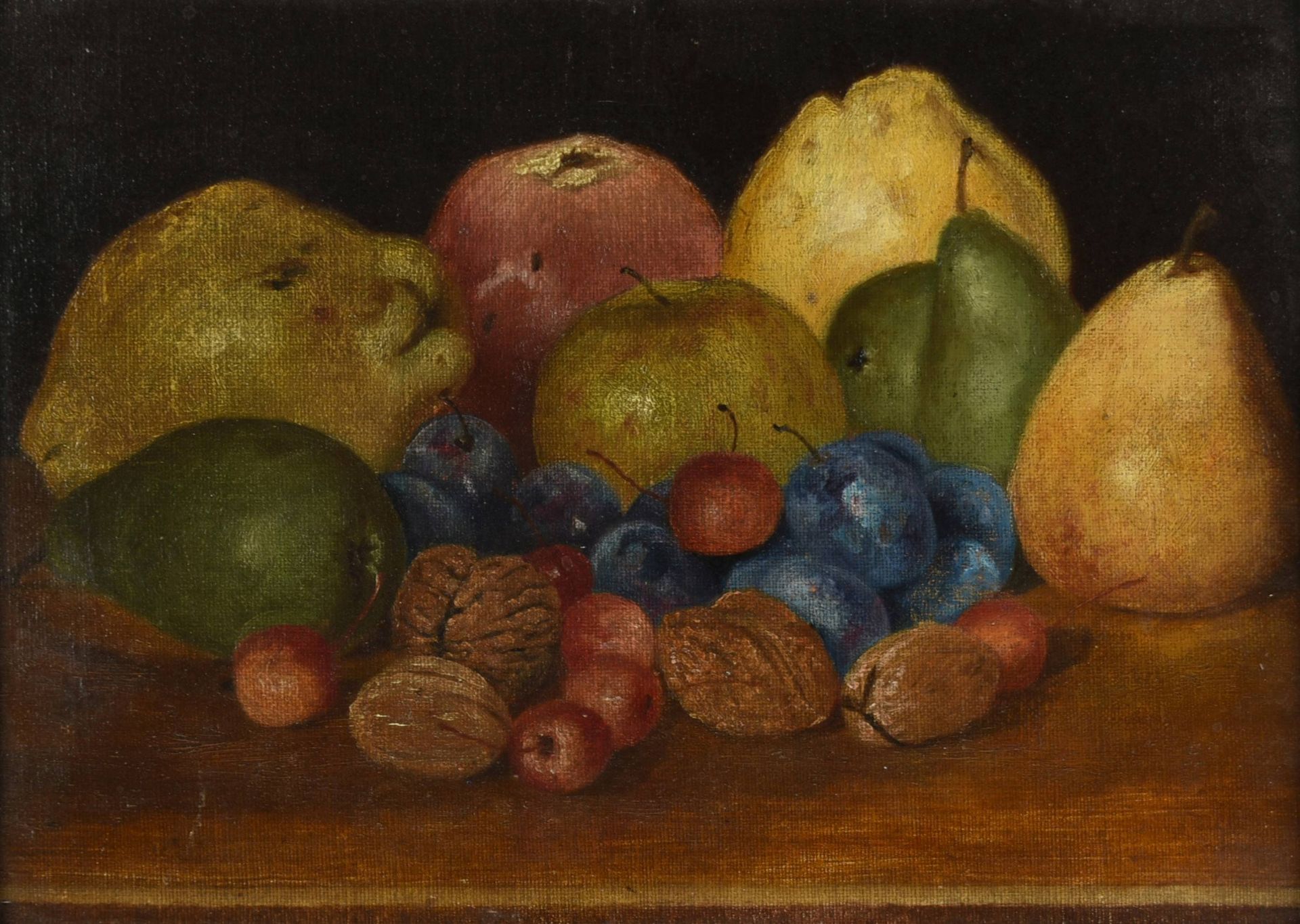 Unsigniert Öl/Lwd. auf Karton kaschiert, Stillleben mit Obst und Nüssen, gerahmt, ca. 21 x 29 cm, - Bild 2 aus 3
