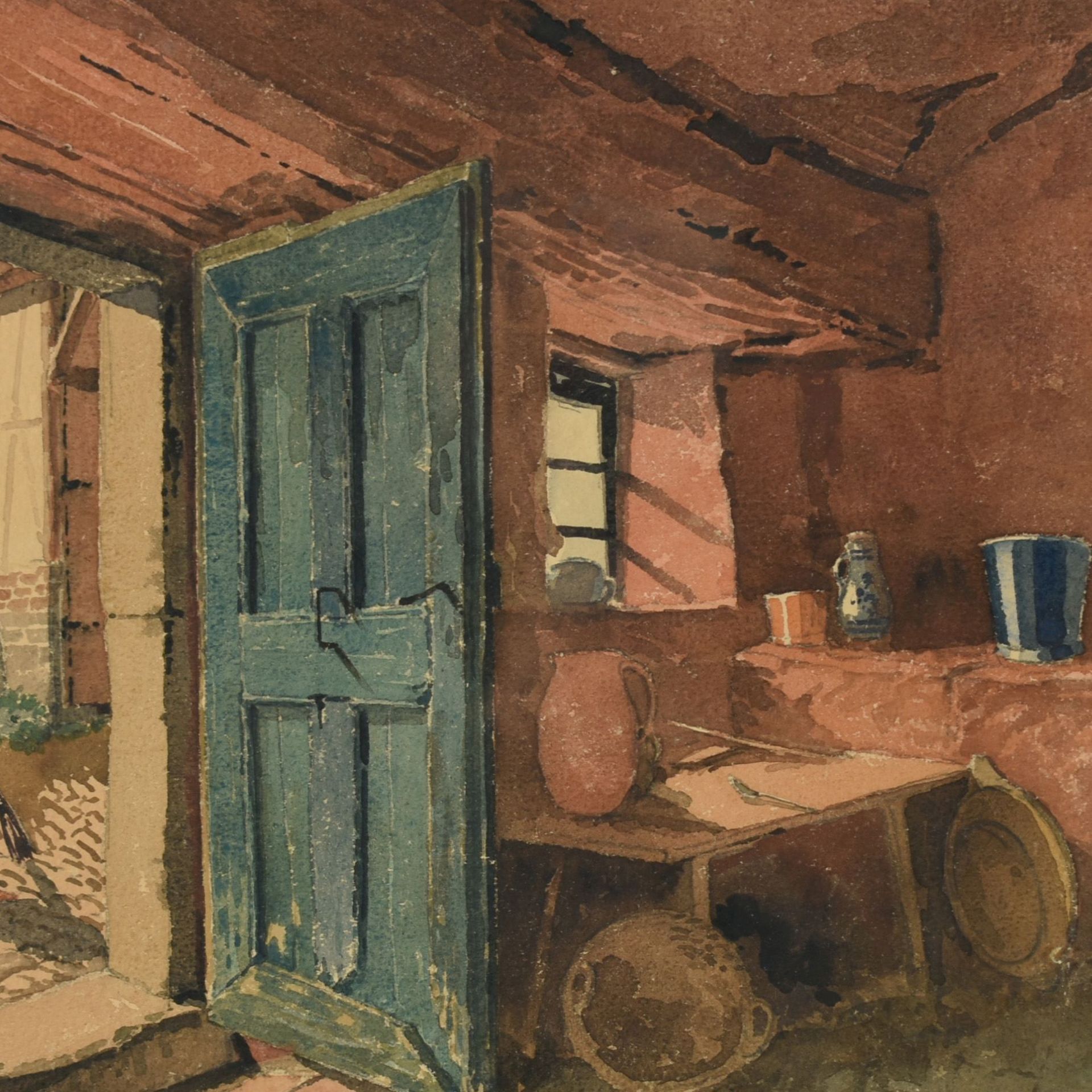 Fürst Aquarell, Blick in ein Bauernhaus, rechts unten signiert und datiert 1910, hinter Glas