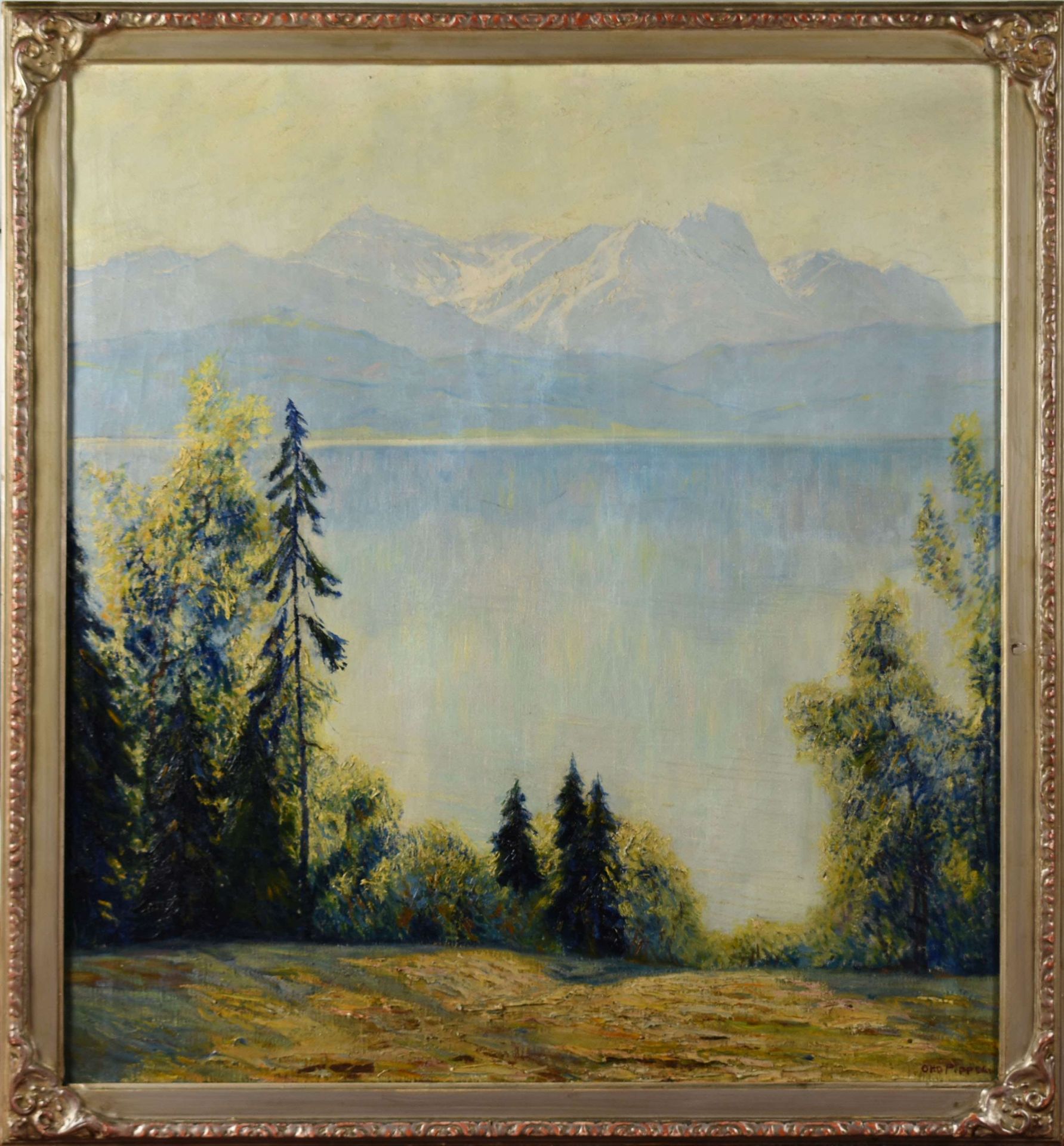 Pippel, Otto Eduard (1878 Lotz - 1960 Planegg) Öl/Lwd., Blick über See auf Gebirgsmassiv, rechts - Bild 3 aus 4