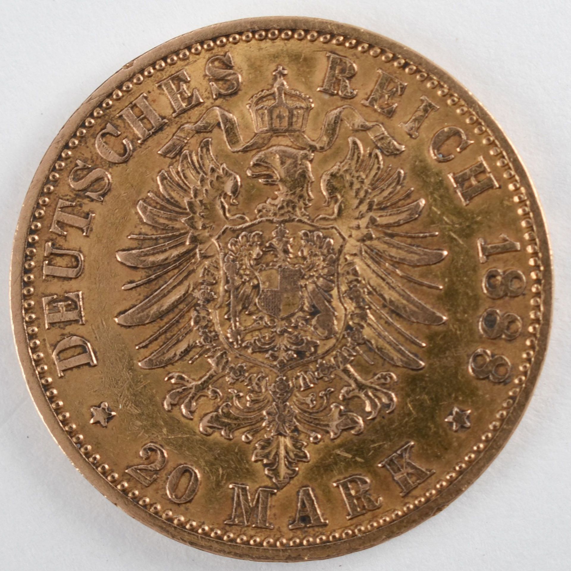 Goldmünze Preußen 1888 20 Mark in Gold, 900/1000, 7,96 g, D ca. 22,5 mm, av. Friedrich Deutscher - Bild 3 aus 3