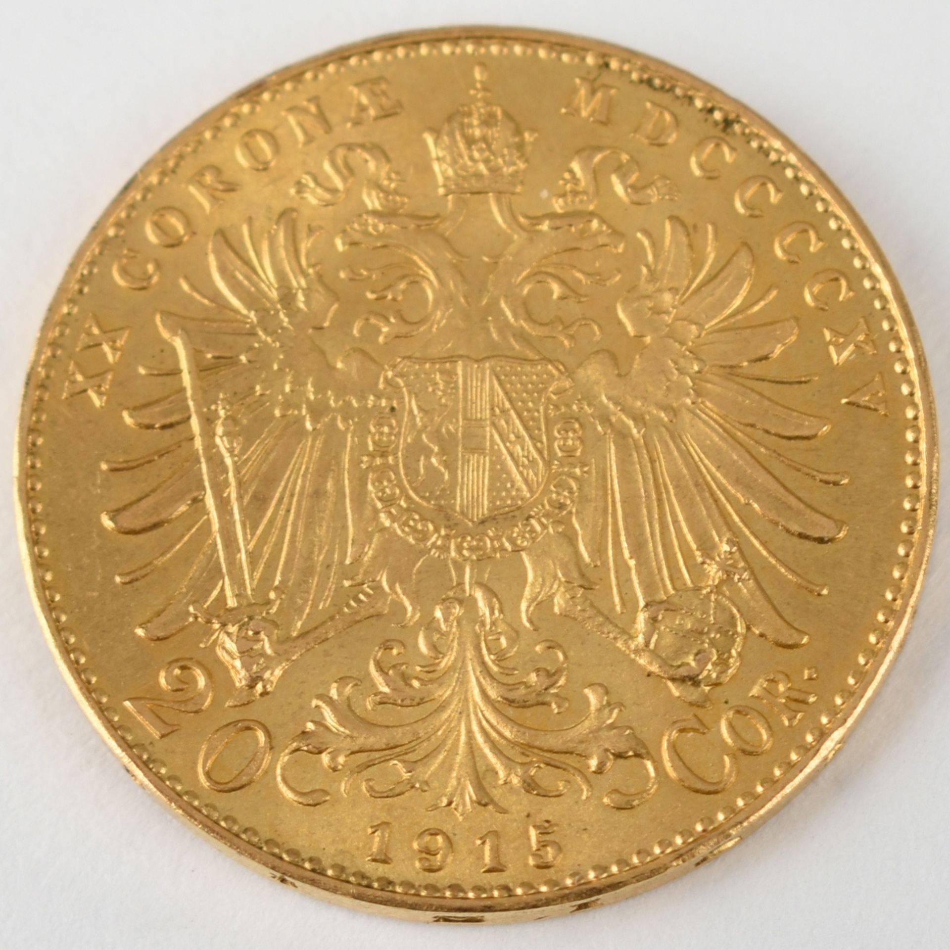 Goldmünze Österreich 1915 20 Kronen in Gold, 900/1000, 6,775 g, D ca. 21,1 mm, av. Kaiser Franz - Bild 2 aus 3